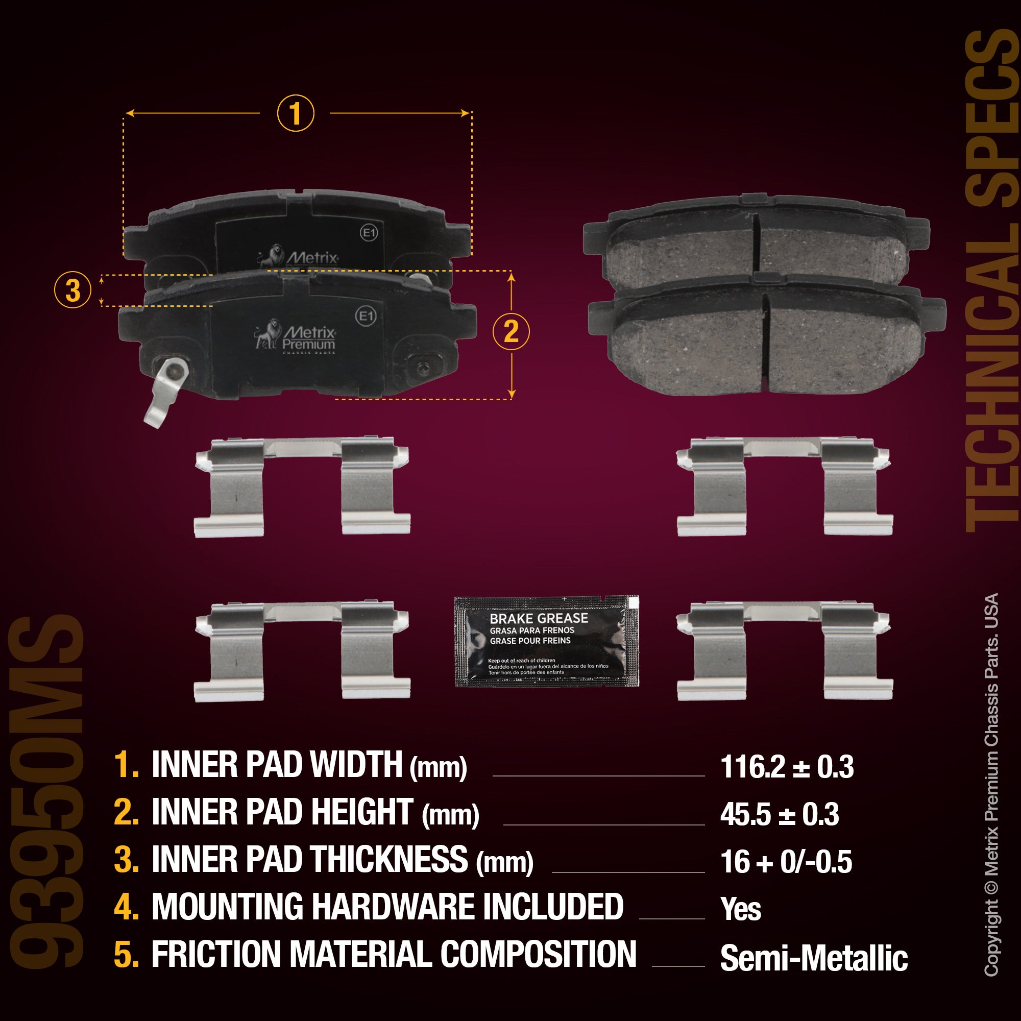 Metrix Premium Chassis Parts Rear Disc Brake Pad Set 93950MS aftermarket car parts
