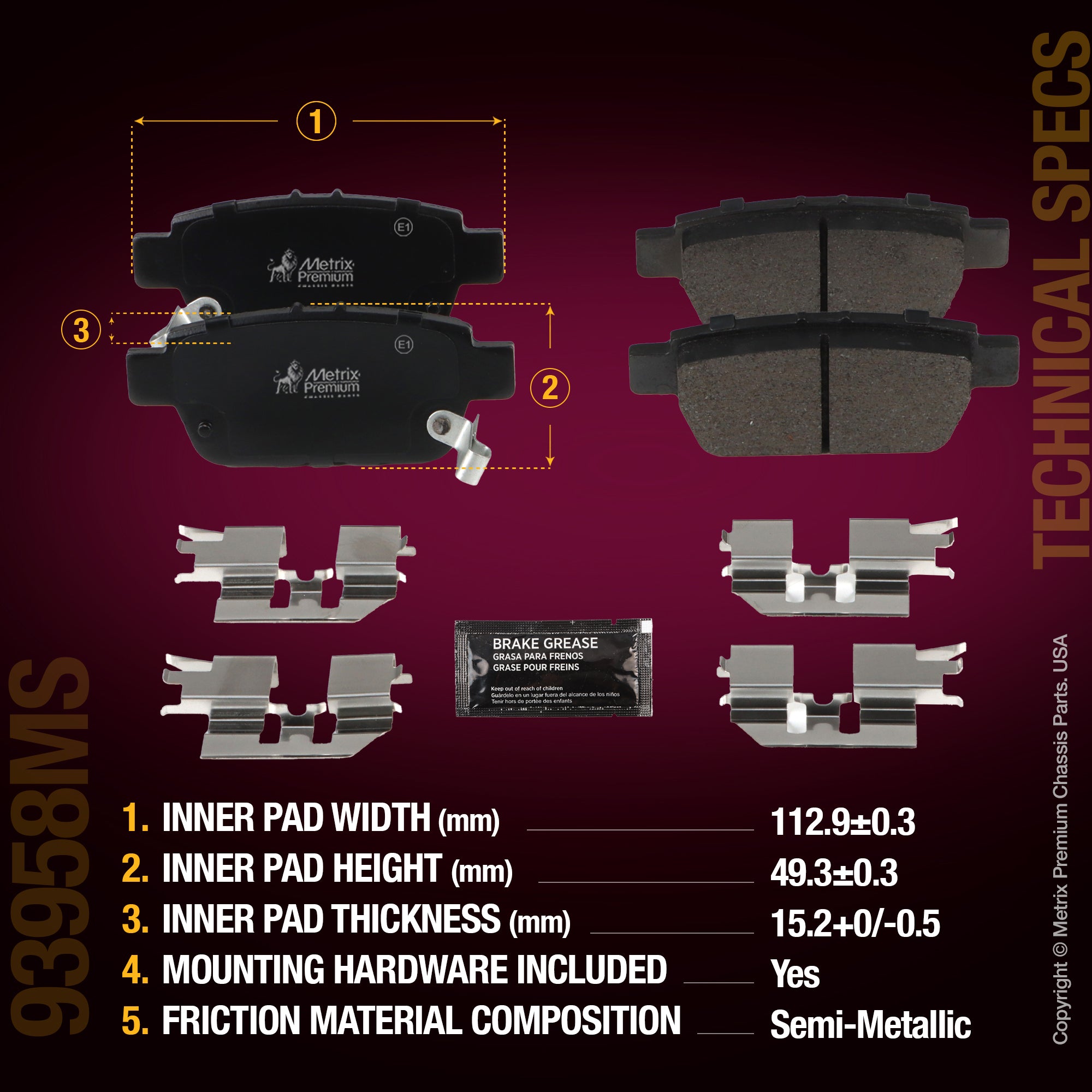 Metrix Premium Chassis Parts Rear Disc Brake Pad Set 93958MS aftermarket car parts