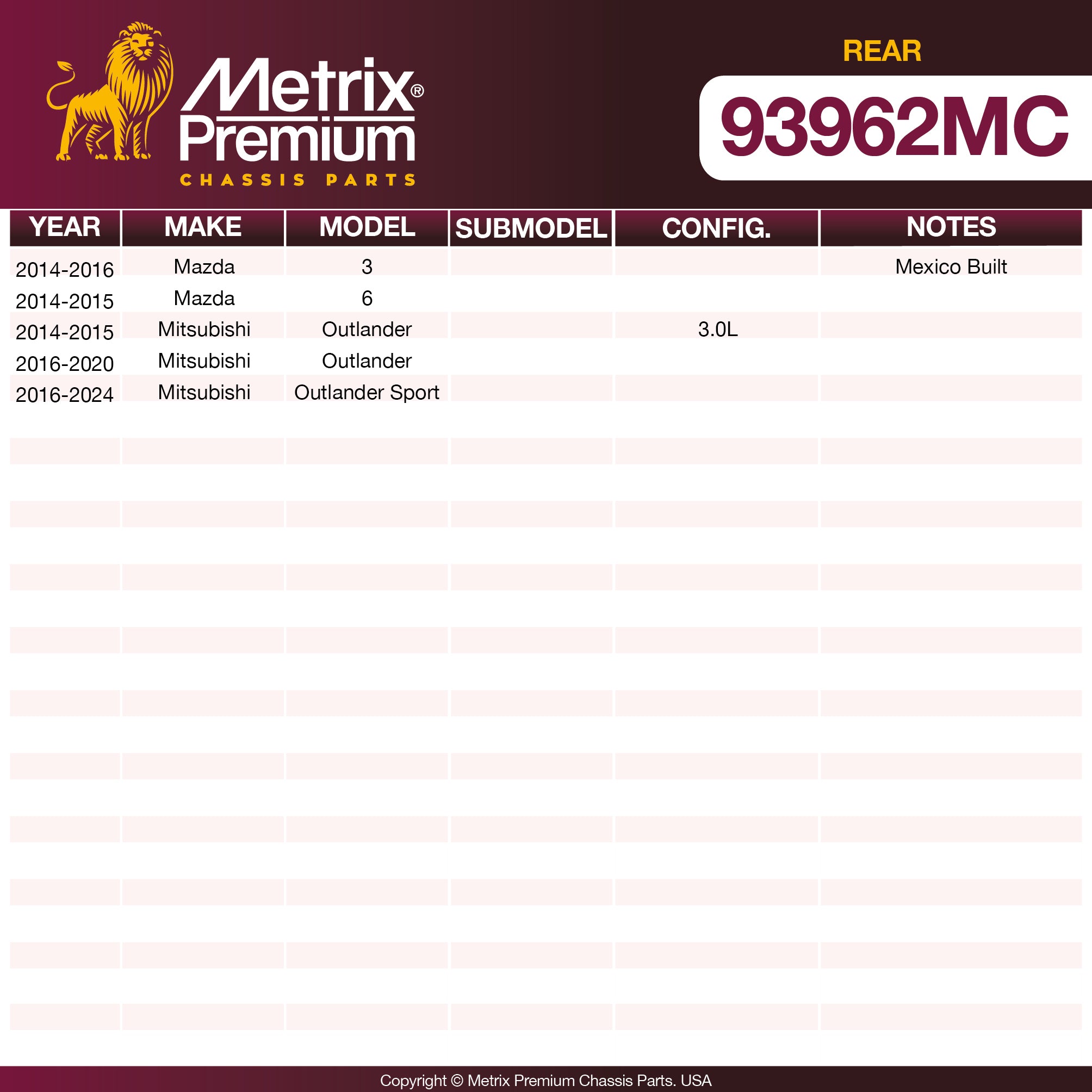 Metrix Premium Rear Disc Brake Pad Set 93962MC OEM fit spare parts