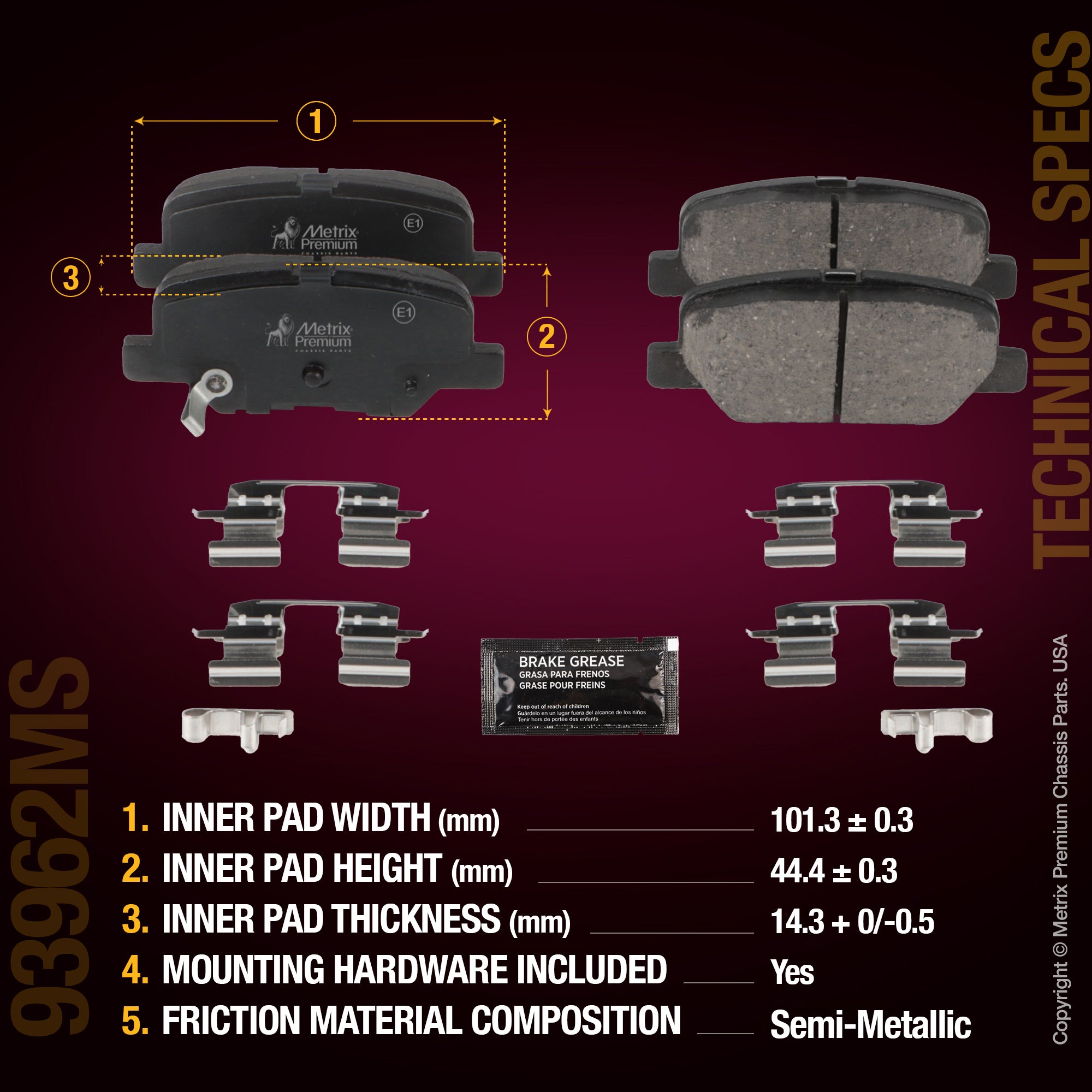 Metrix Premium Chassis Parts Rear Disc Brake Pad Set 93962MS aftermarket car parts