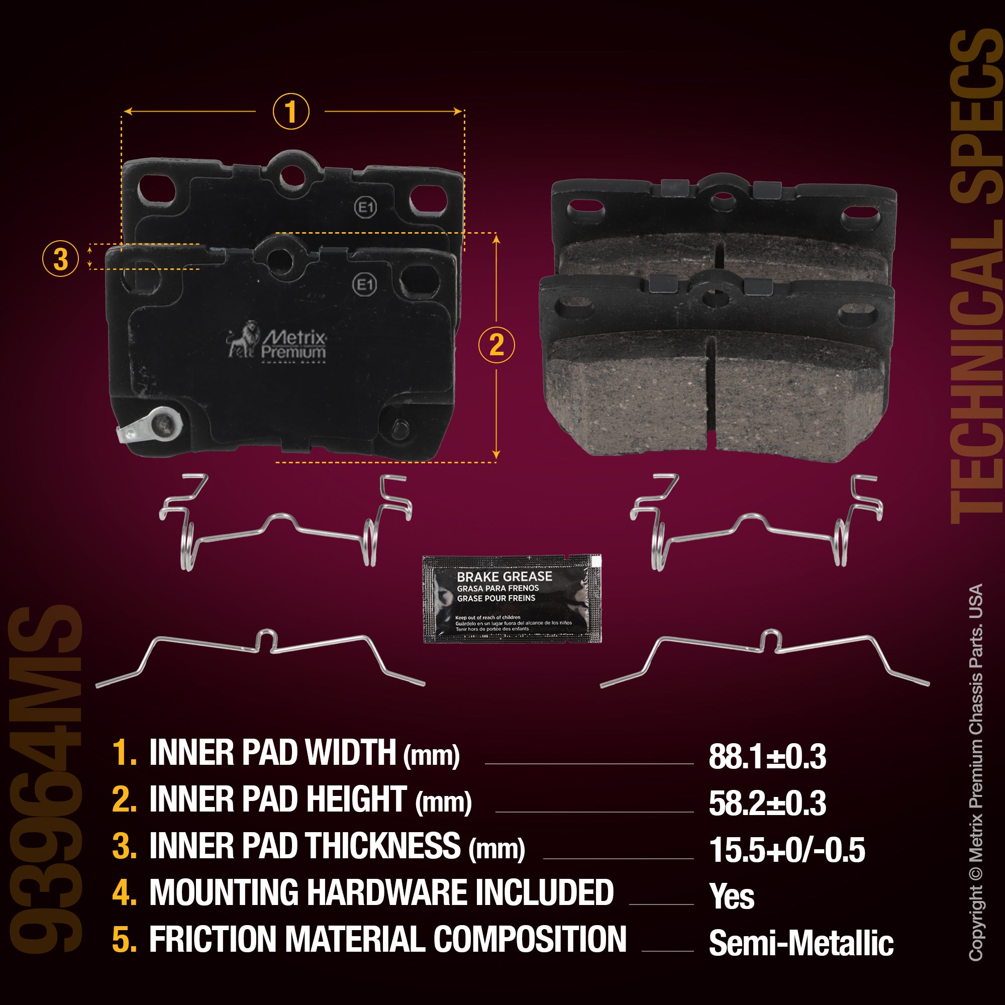 Metrix Premium Chassis Parts Rear Disc Brake Pad Set 93964MS aftermarket car parts