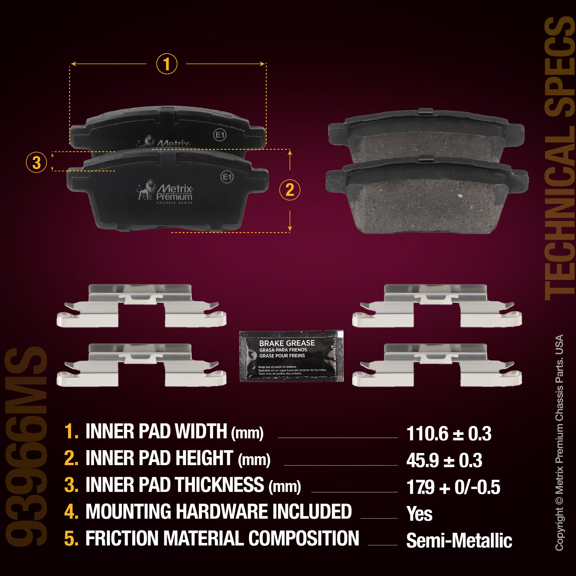 Metrix Premium Chassis Parts Rear Disc Brake Pad Set 93966MS aftermarket car parts