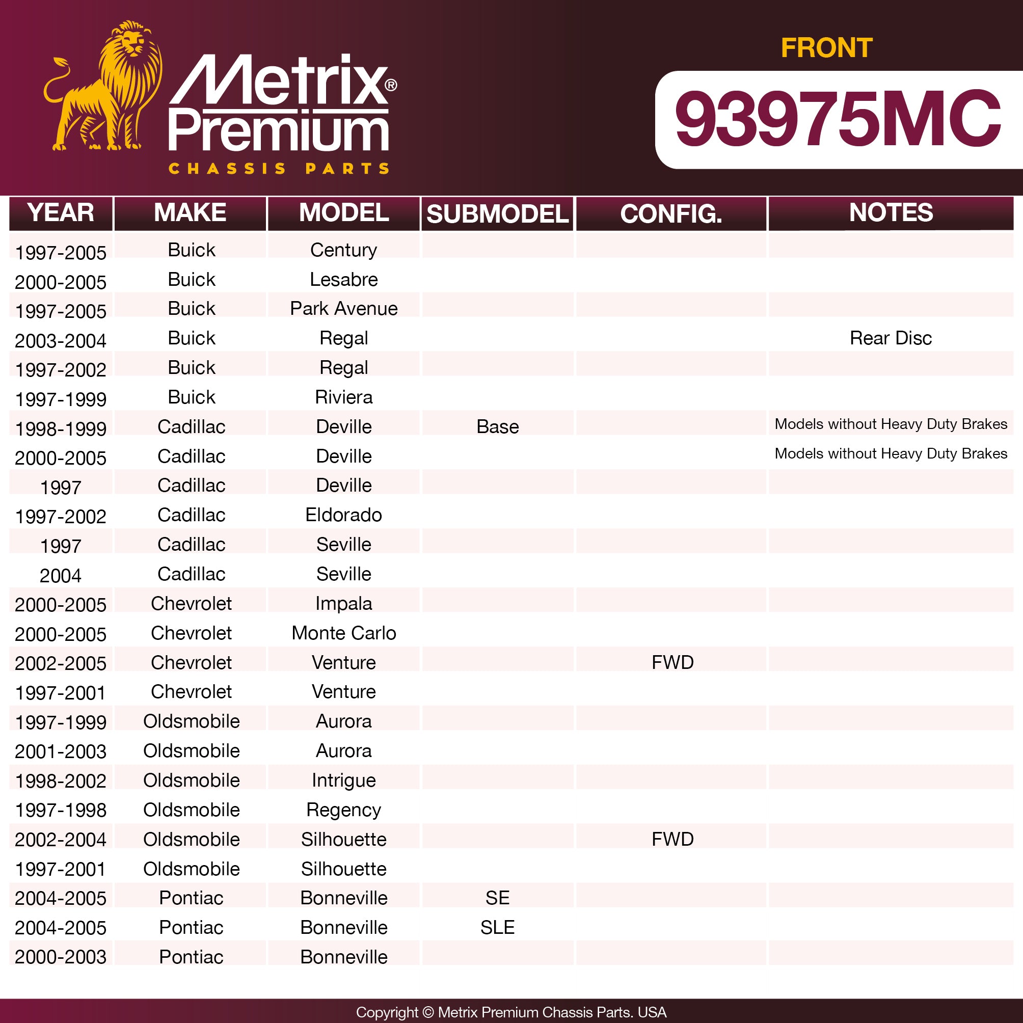 Metrix Premium Front Disc Brake Pad Set 93975MC OEM fit spare parts