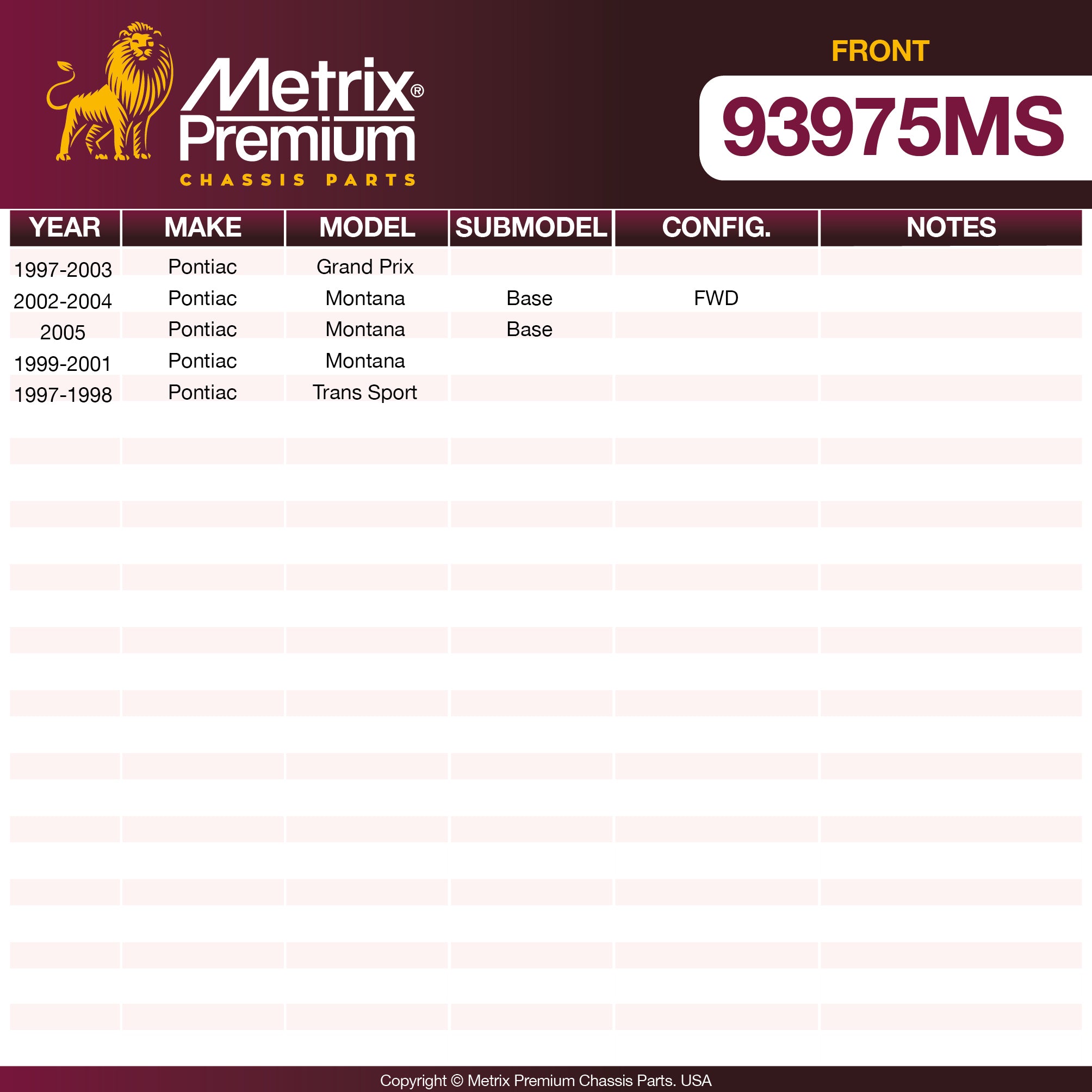 Metrix Premium Front Disc Brake Pad Set 93975MS aftermarket car parts