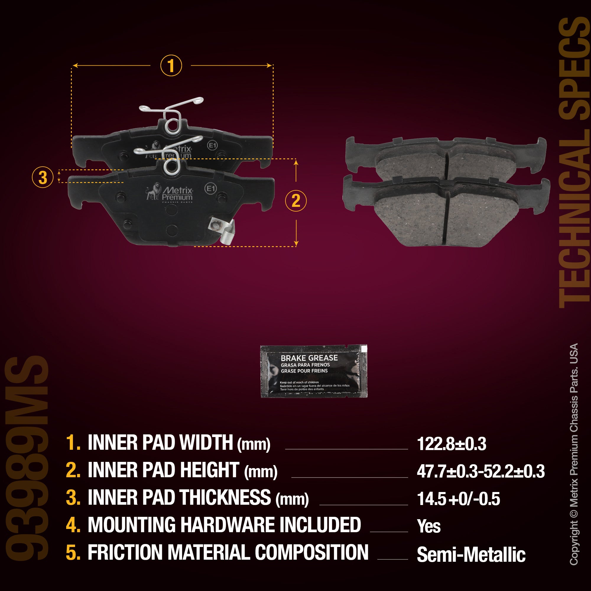 Metrix Premium Chassis Parts Rear Disc Brake Pad Set 93989MS aftermarket car parts