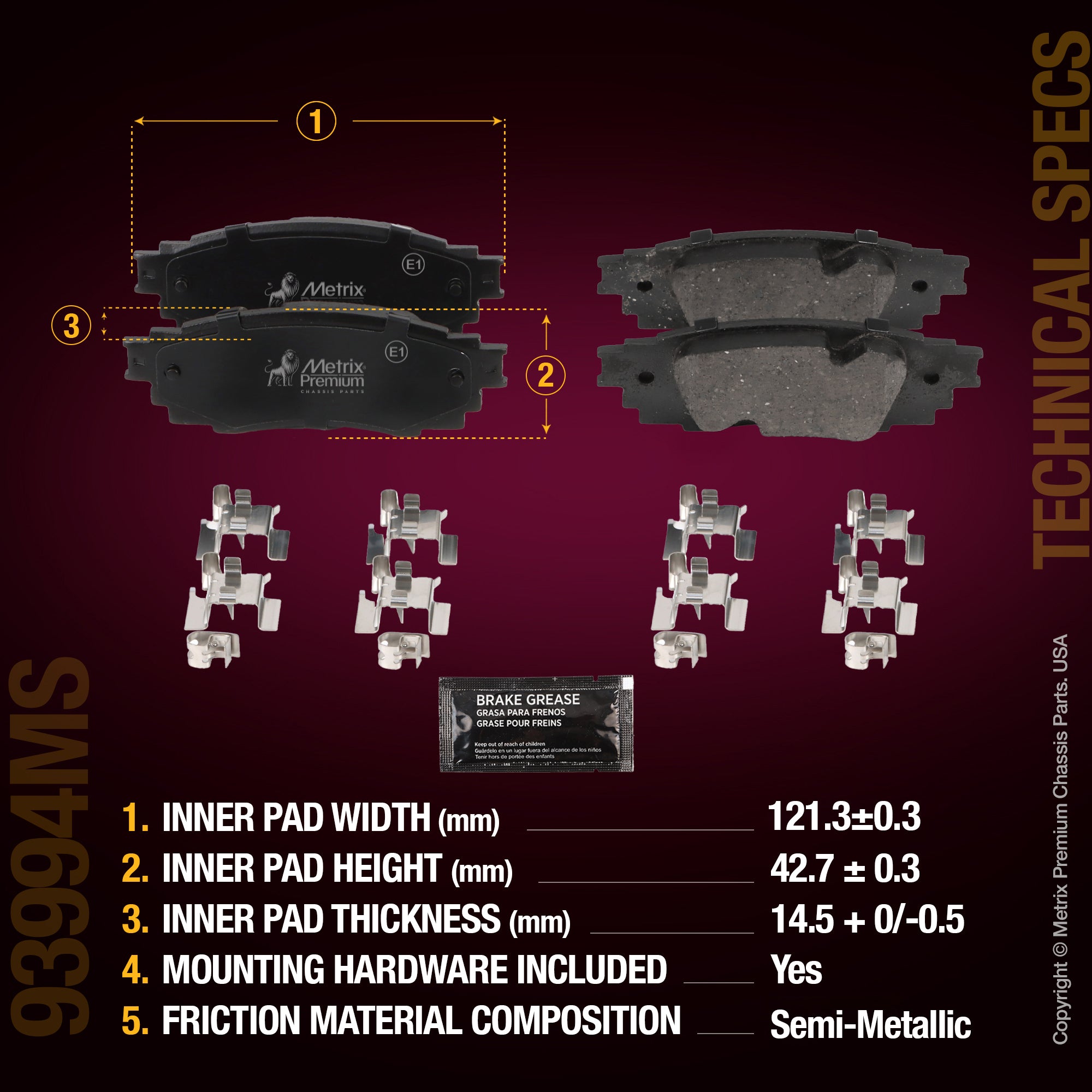 Metrix Premium Chassis Parts Rear Disc Brake Pad Set 93994MS aftermarket car parts