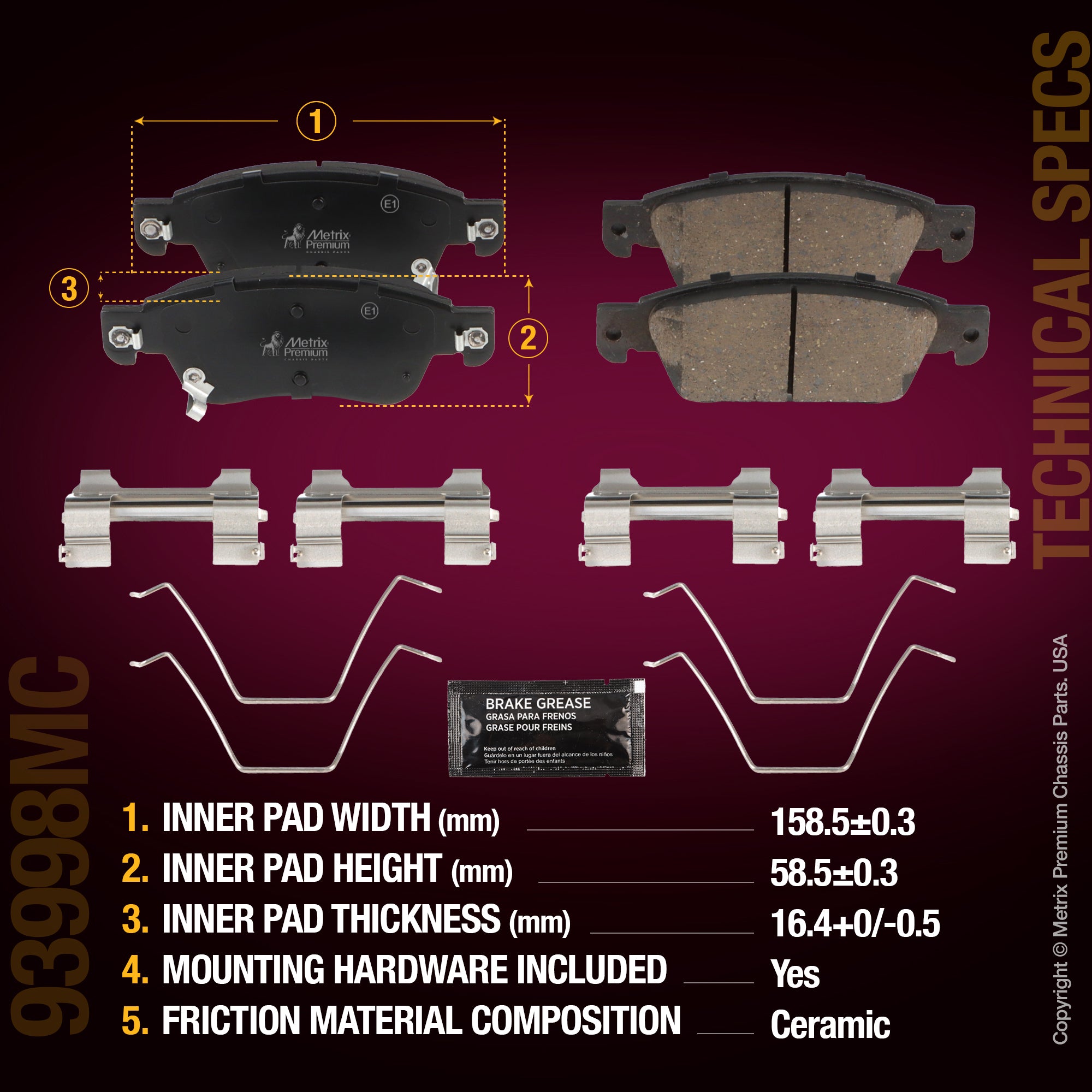 Metrix Premium Chassis Parts Front Disc Brake Pad Set 93998MC aftermarket car parts