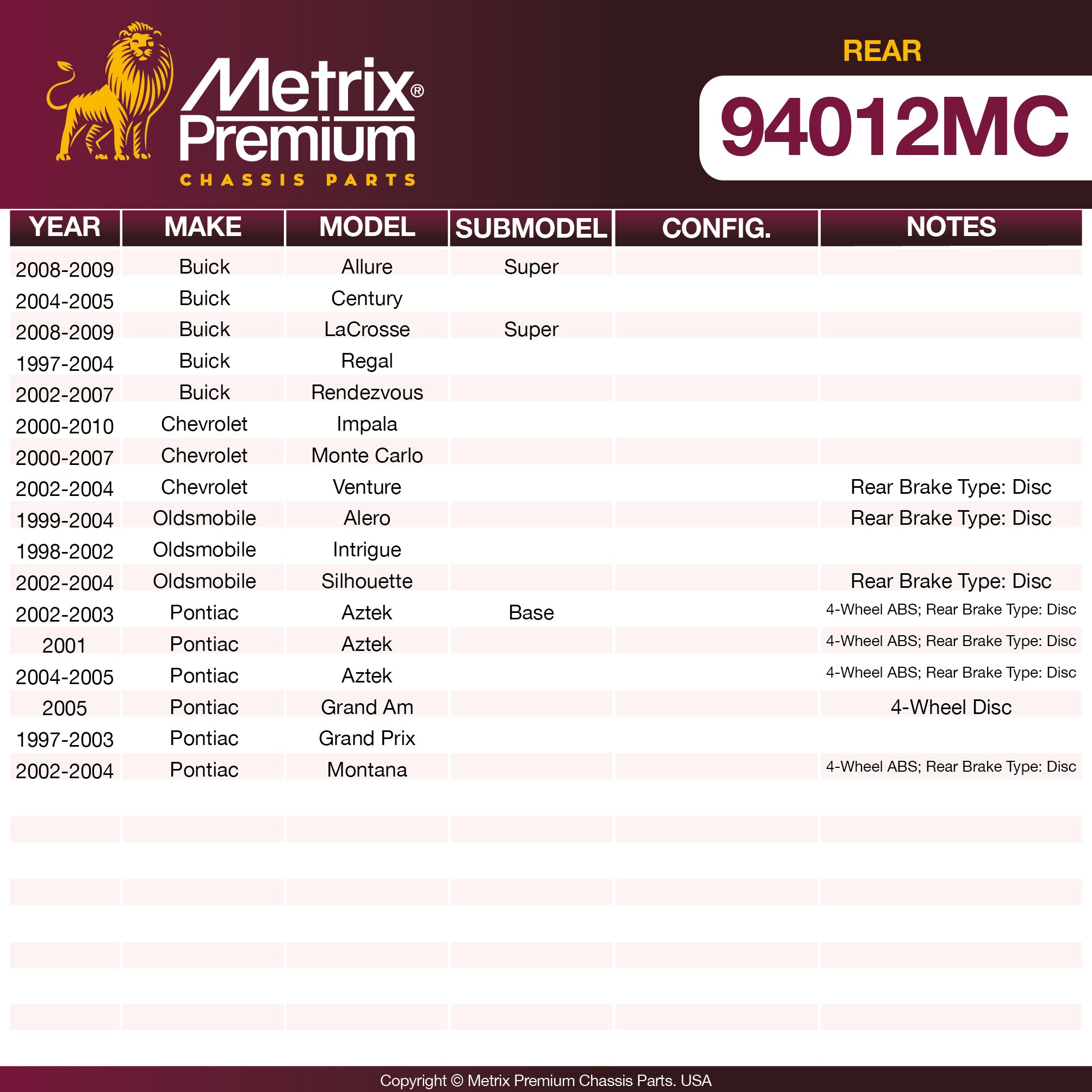 Metrix Premium Rear Disc Brake Pad Set 94012MC OEM fit spare parts