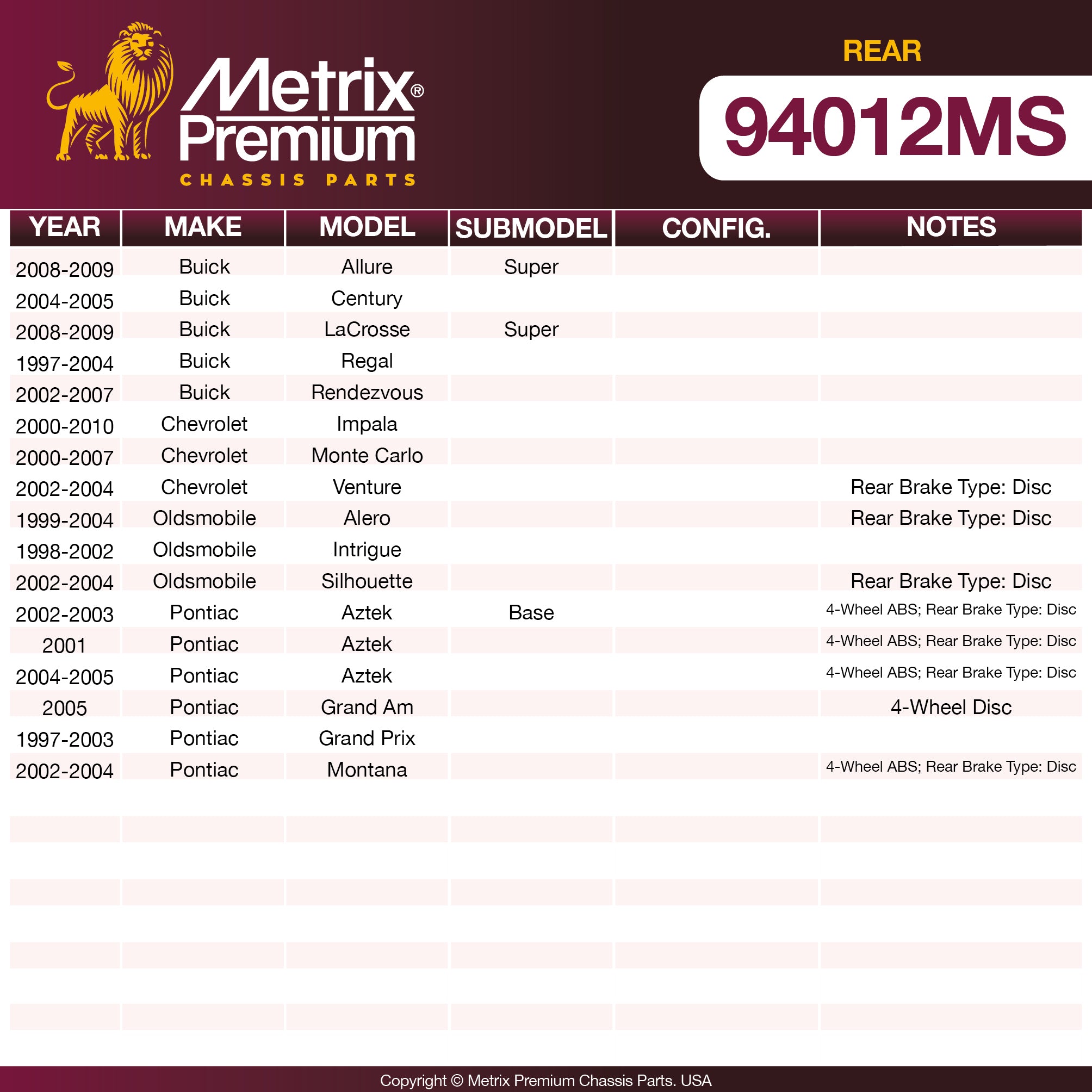 Metrix Premium Rear Disc Brake Pad Set 94012MS OEM fit spare parts