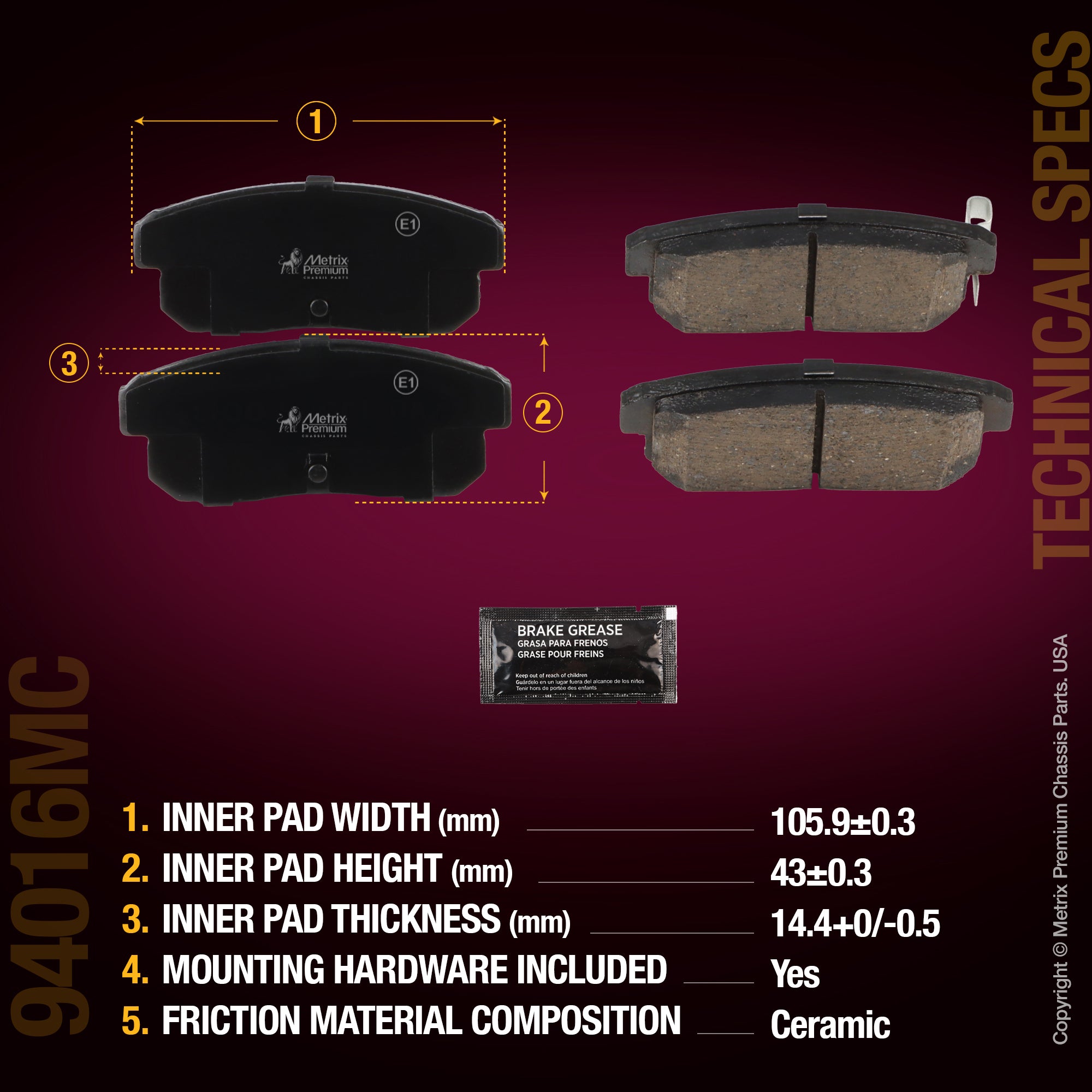 Metrix Premium Chassis Parts Rear Disc Brake Pad Set 94016MC aftermarket car parts