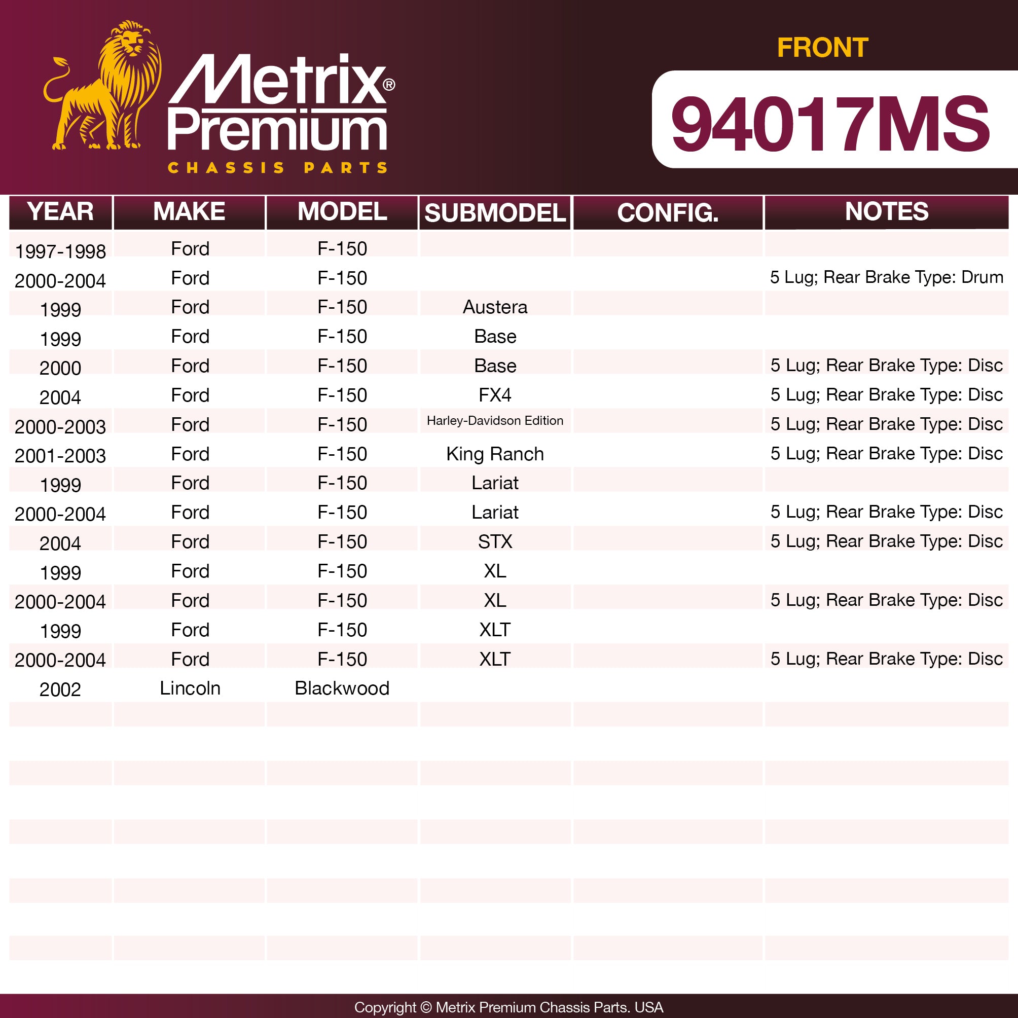 Metrix Premium Front Disc Brake Pad Set 94017MS OEM fit spare parts