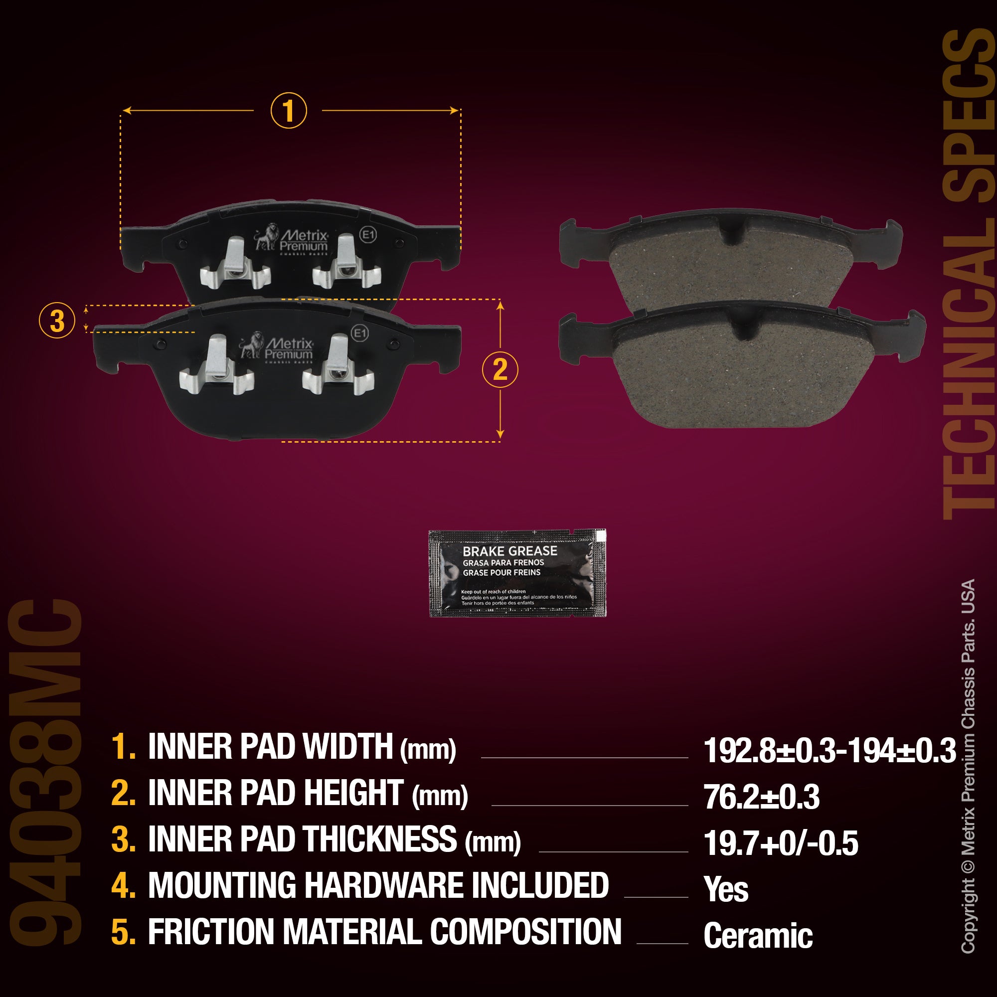 Metrix Premium Chassis Parts Front Disc Brake Pad Set 94038MC aftermarket car parts