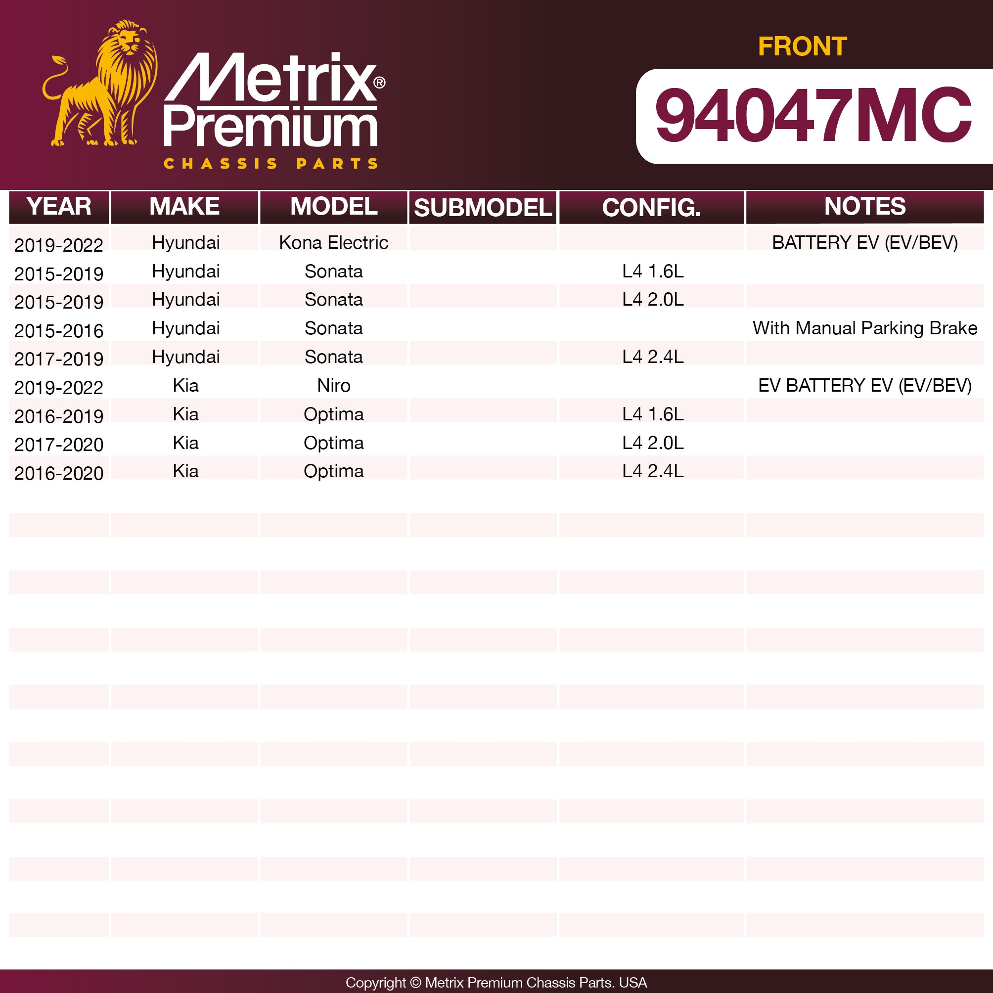 Metrix Premium Front Disc Brake Pad Set 94047MC OEM fit spare parts