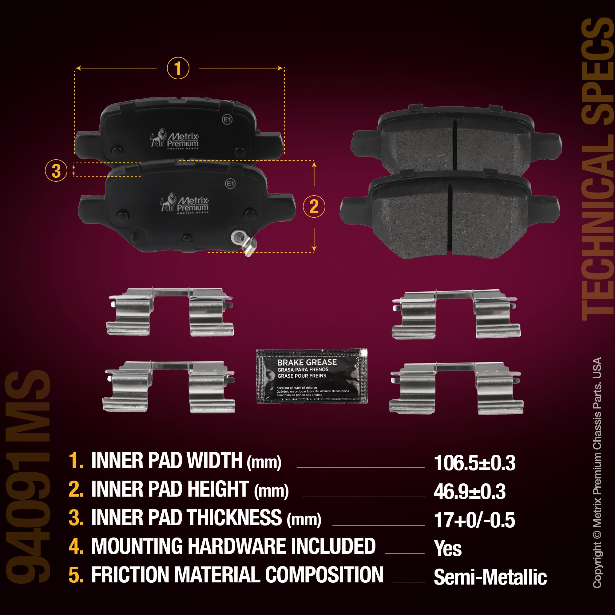 Metrix Premium Chassis Parts Rear Disc Brake Pad Set 94091MS aftermarket car parts
