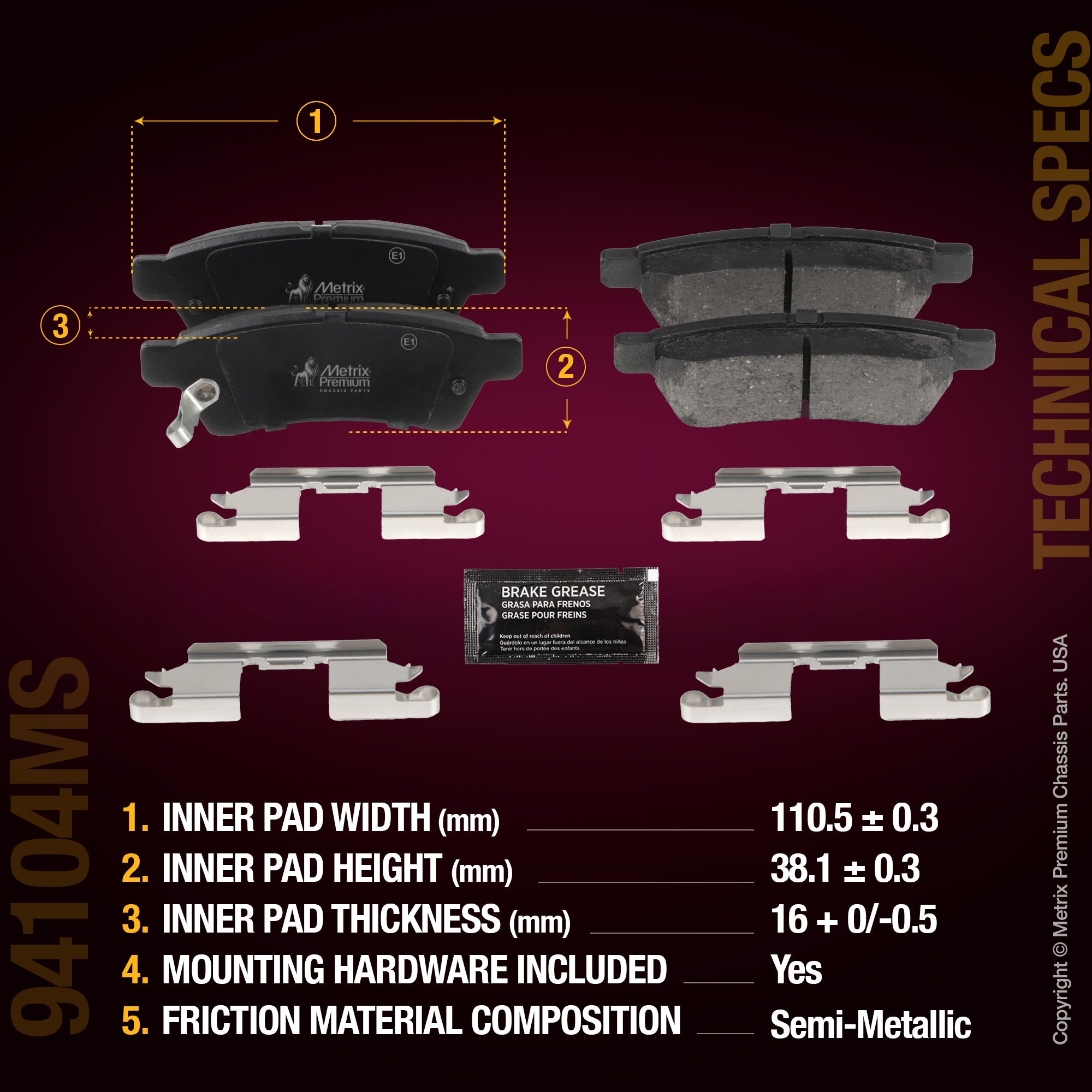 Metrix Premium Chassis Parts Rear Disc Brake Pad Set 94104MS aftermarket car parts