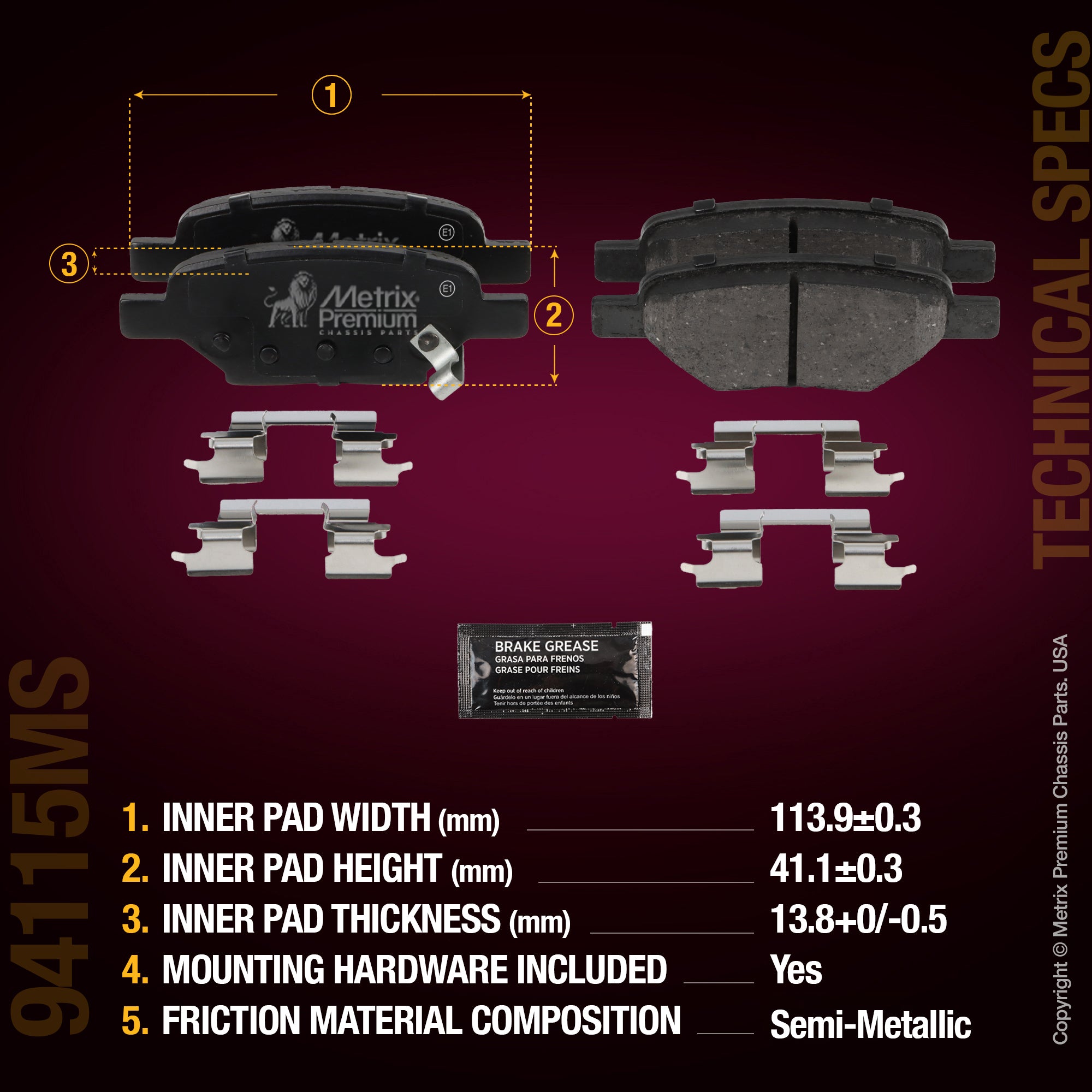 Metrix Premium Chassis Parts Rear Disc Brake Pad Set 94115MS aftermarket car parts