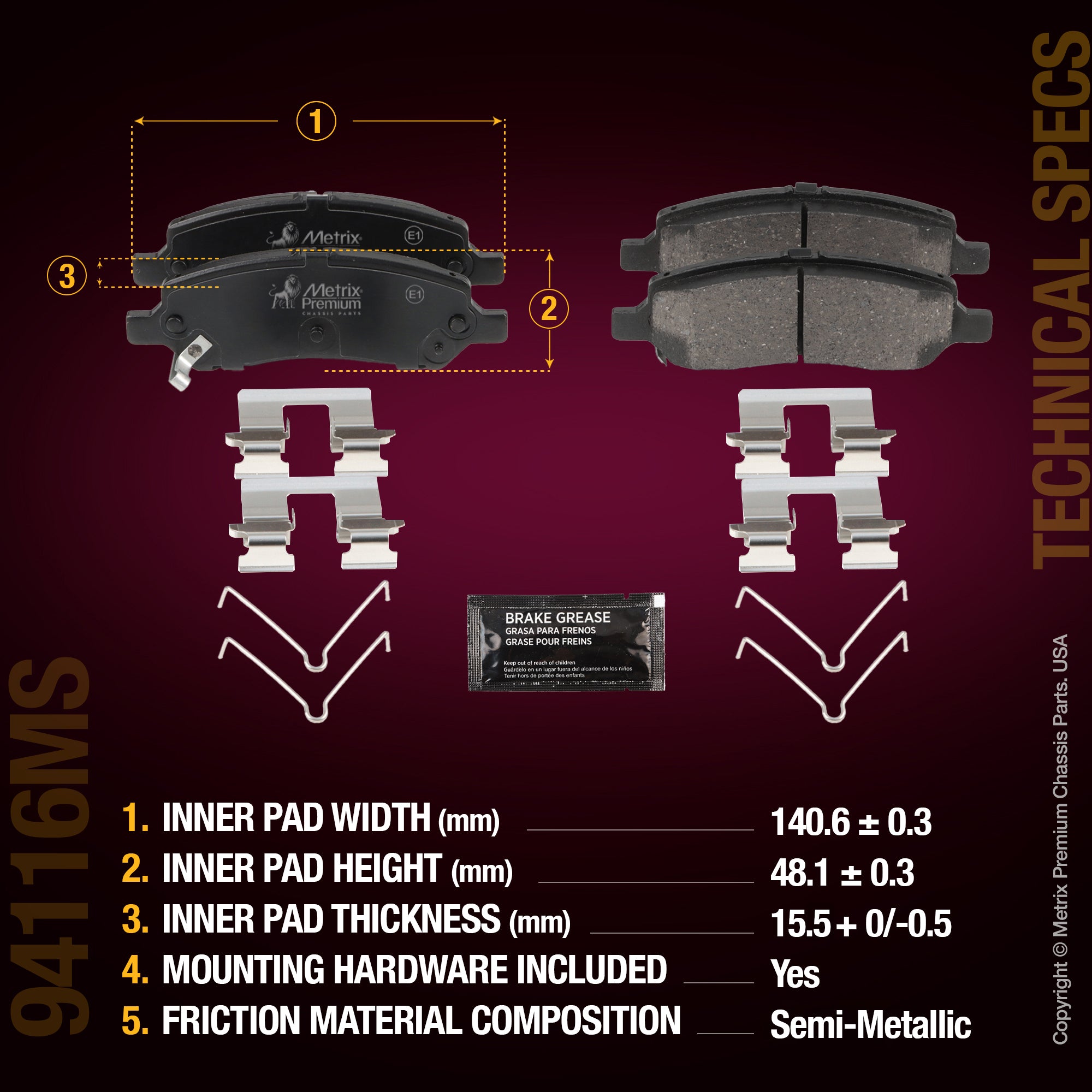 Metrix Premium Chassis Parts Rear Disc Brake Pad Set 94116MS aftermarket car parts