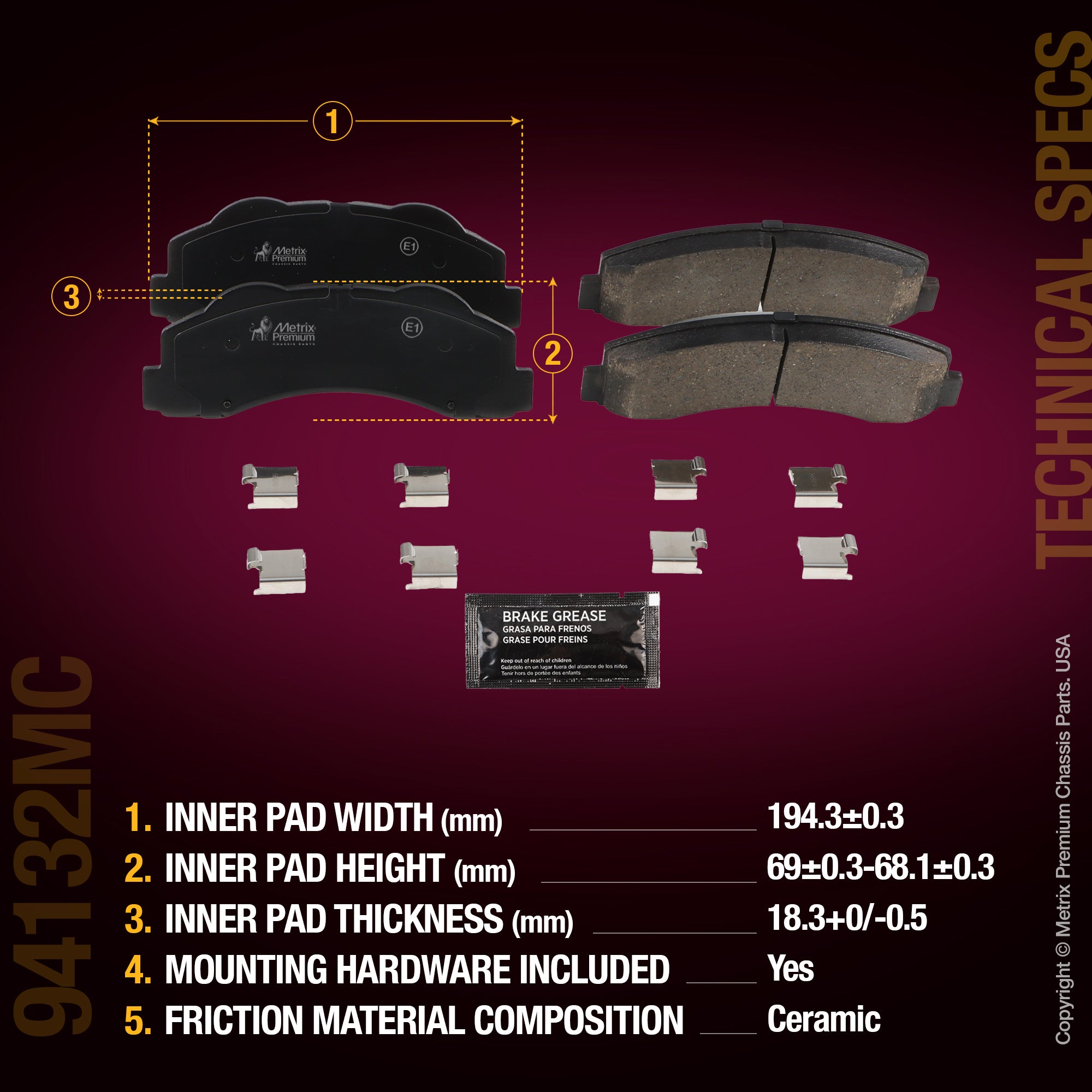 Metrix Premium Chassis Parts Front Disc Brake Pad Set 94132MC aftermarket car parts
