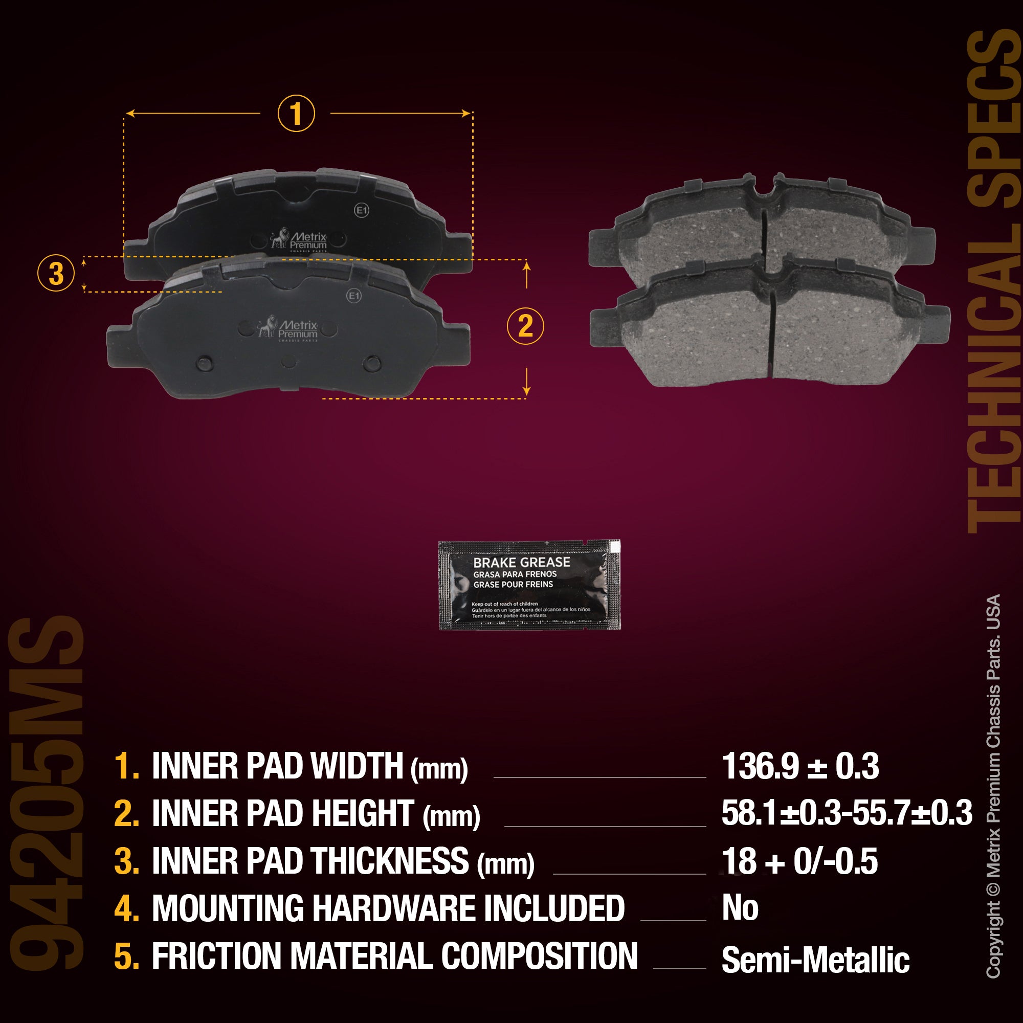 Metrix Premium Chassis Parts Rear Disc Brake Pad Set 94205MS aftermarket car parts