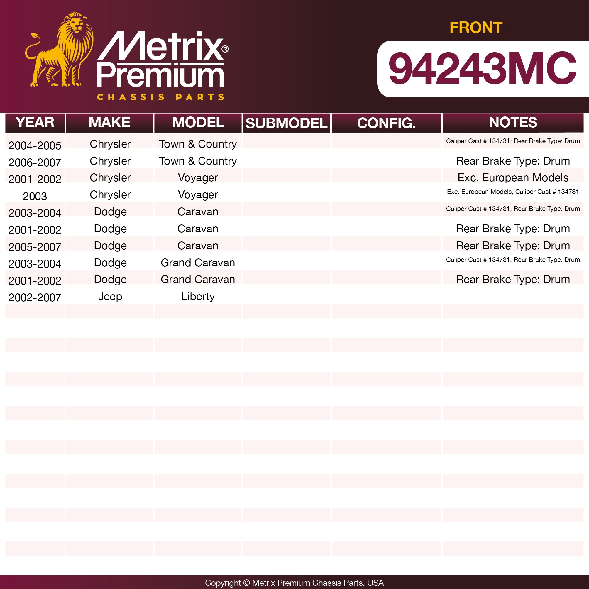 Metrix Premium Front Disc Brake Pad Set 94243MC OEM fit spare parts