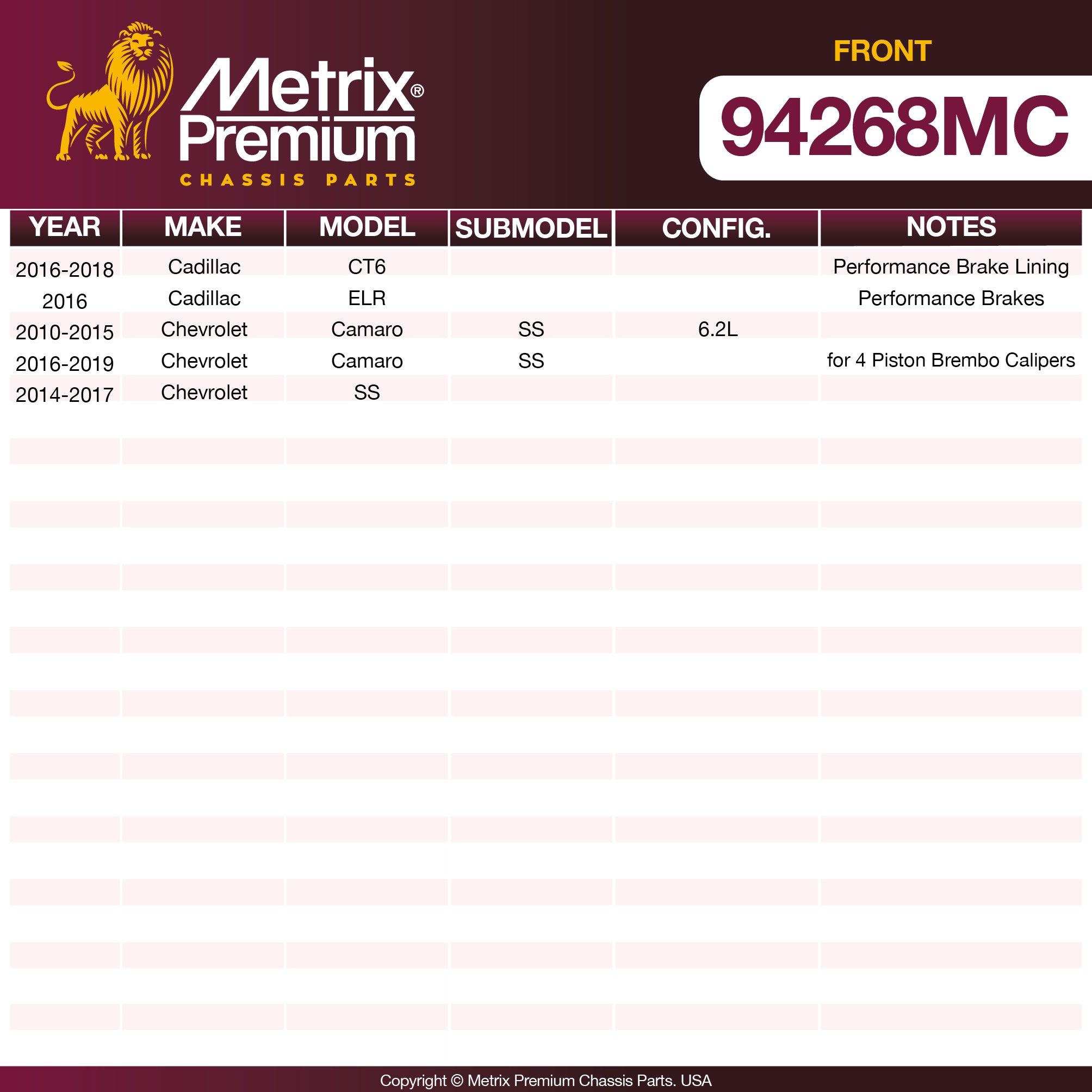 Metrix Premium Front Disc Brake Pad Set 94268MC OEM fit spare parts