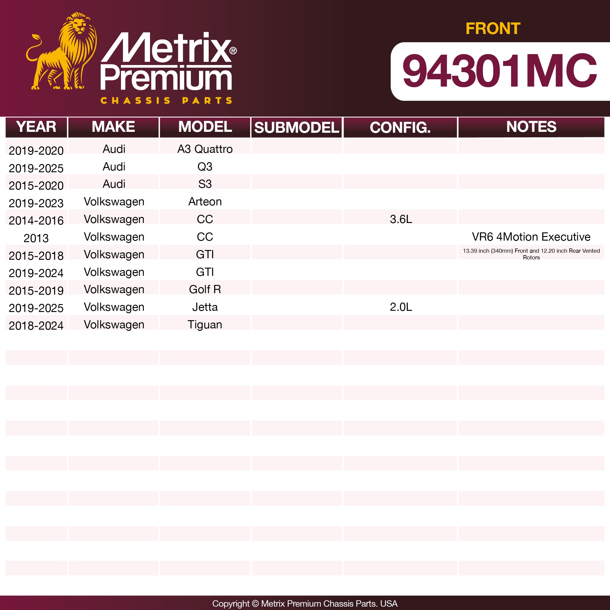 Metrix Premium Front Disc Brake Pad Set 94301MC OEM fit spare parts
