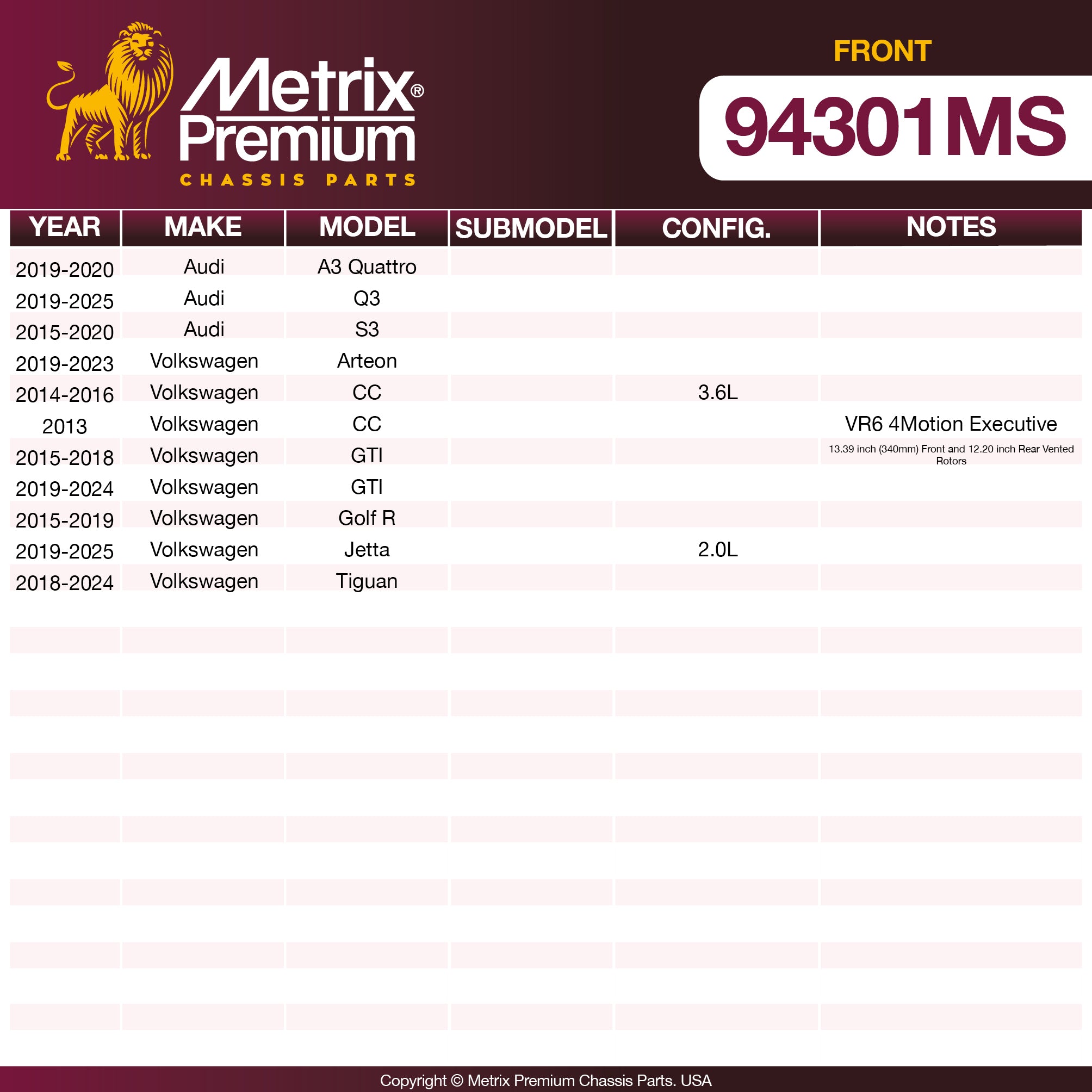 Metrix Premium Front Disc Brake Pad Set 94301MS OEM fit spare parts