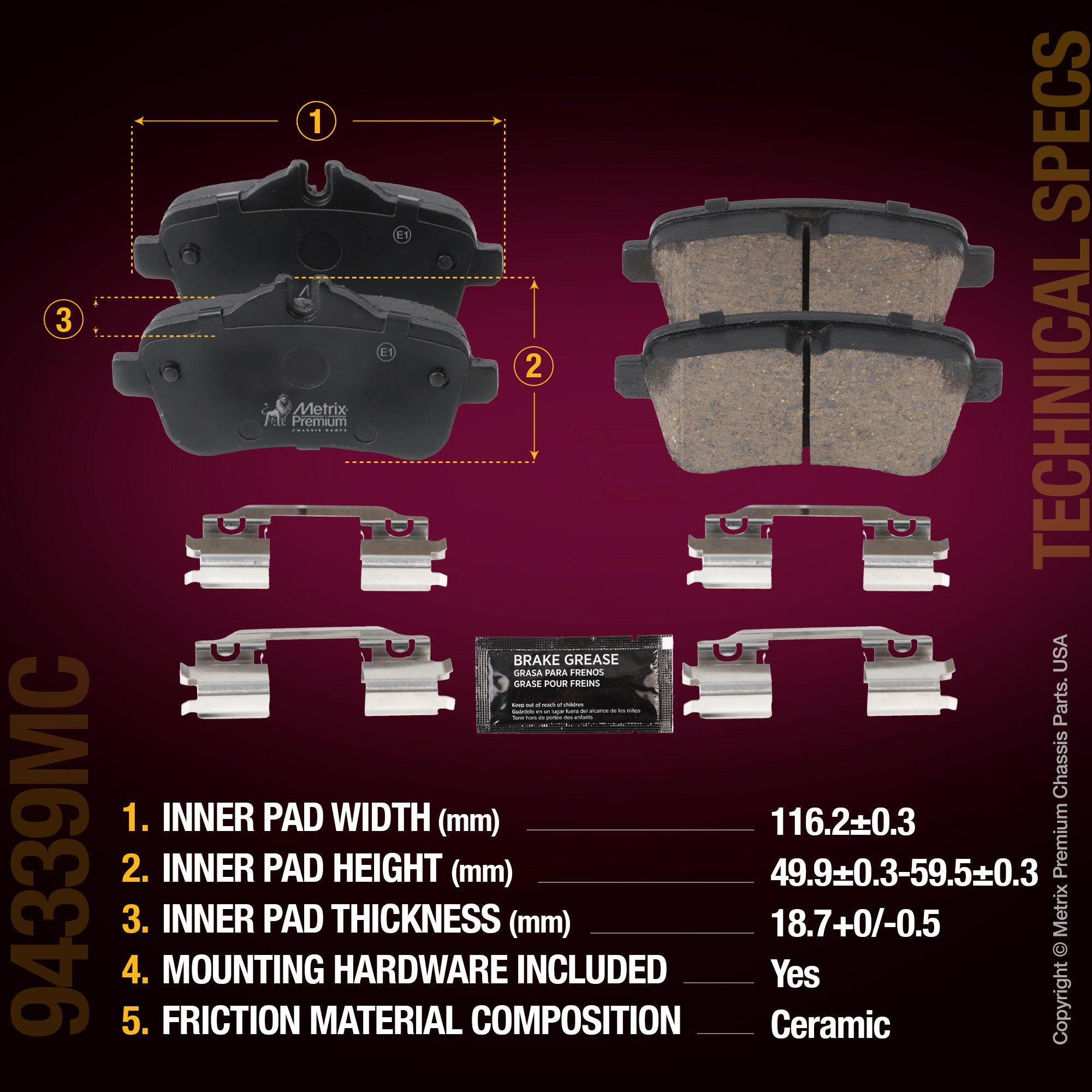 Metrix Premium Chassis Parts Rear Disc Brake Pad Set 94339MC OEM fit auto parts