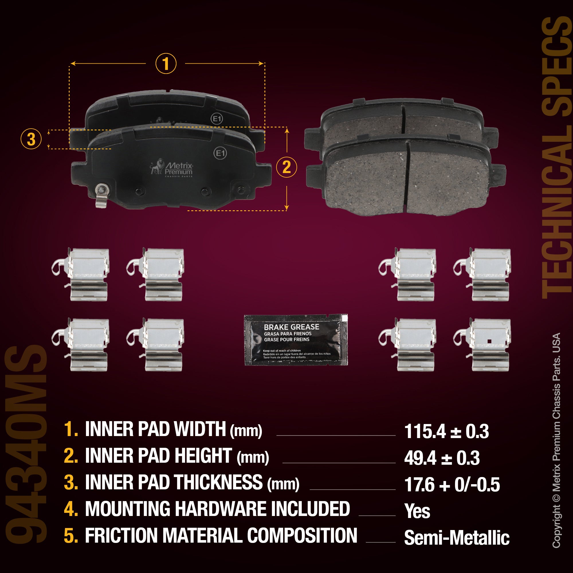 Metrix Premium Chassis Parts Rear Disc Brake Pad Set 94340MS aftermarket car parts
