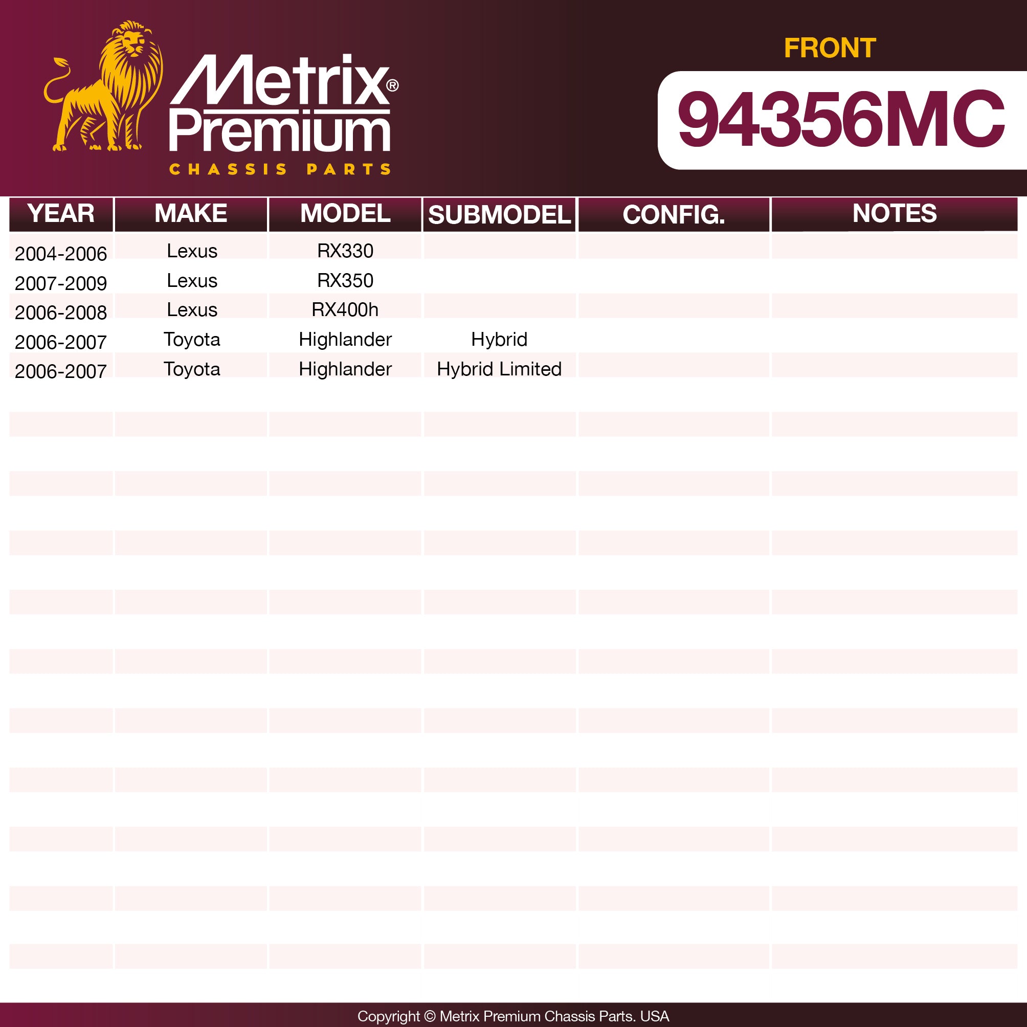 Metrix Premium Front Disc Brake Pad Set 94356MC OEM fit spare parts