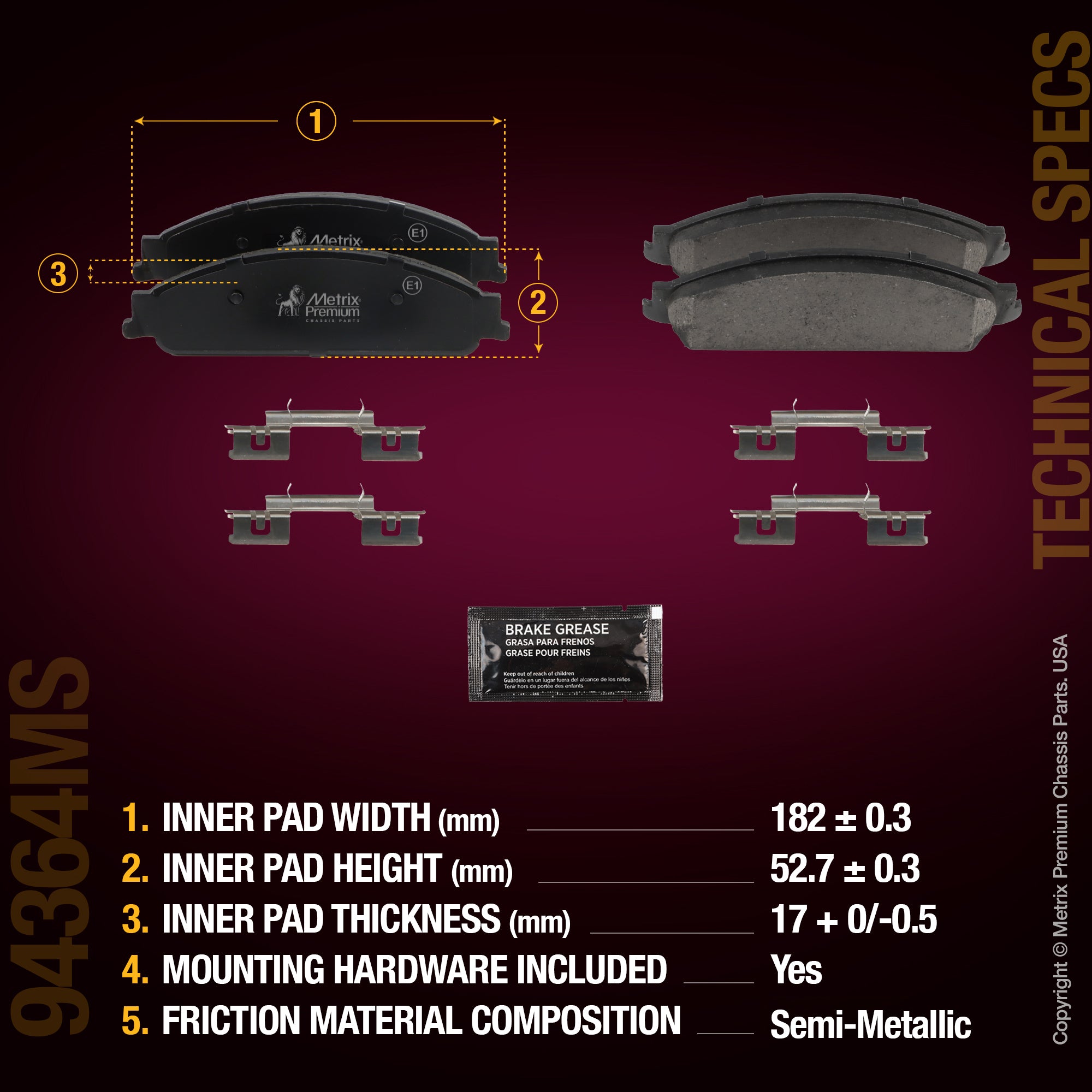 Metrix Premium Chassis Parts Front Disc Brake Pad Set 94364MS aftermarket car parts