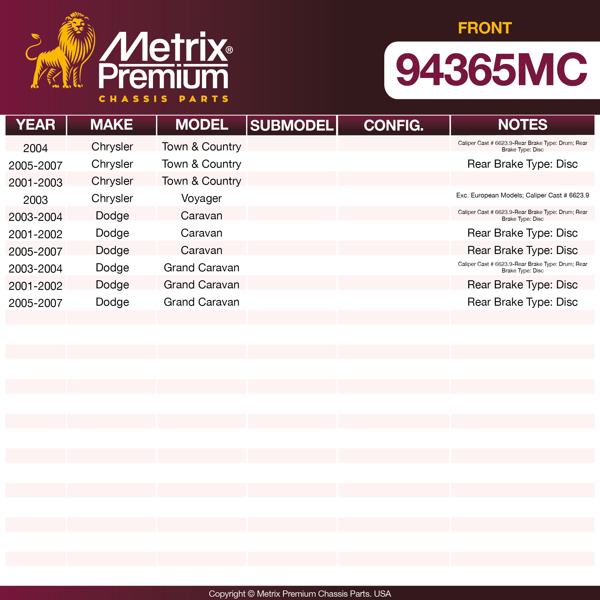 Metrix Premium Front Disc Brake Pad Set 94365MC OEM fit spare parts
