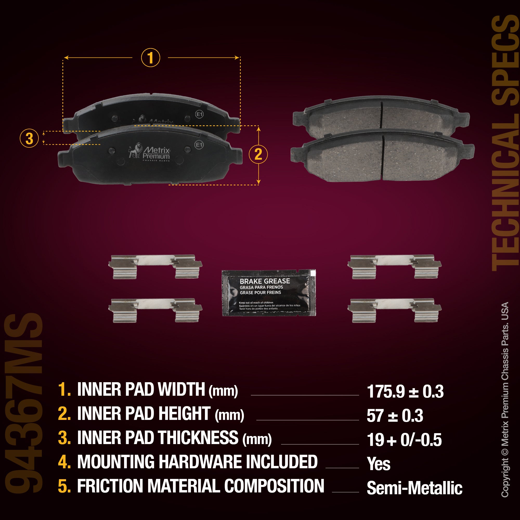 Metrix Premium Chassis Parts Front Disc Brake Pad Set 94367MS aftermarket car parts