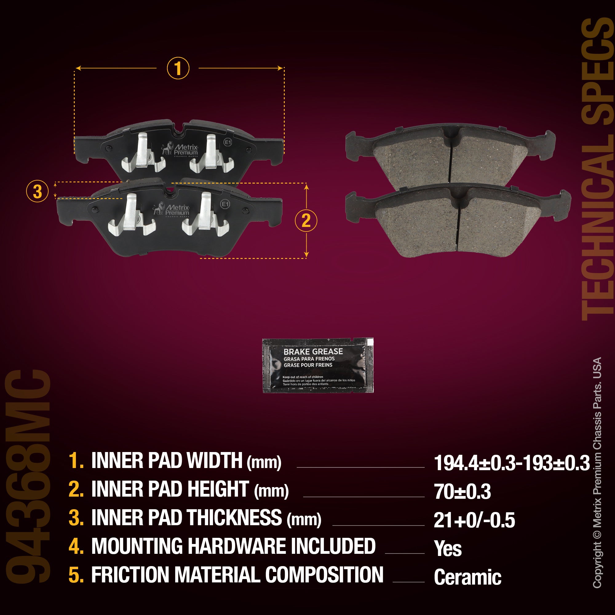 Metrix Premium Chassis Parts Front Disc Brake Pad Set 94368MC aftermarket car parts