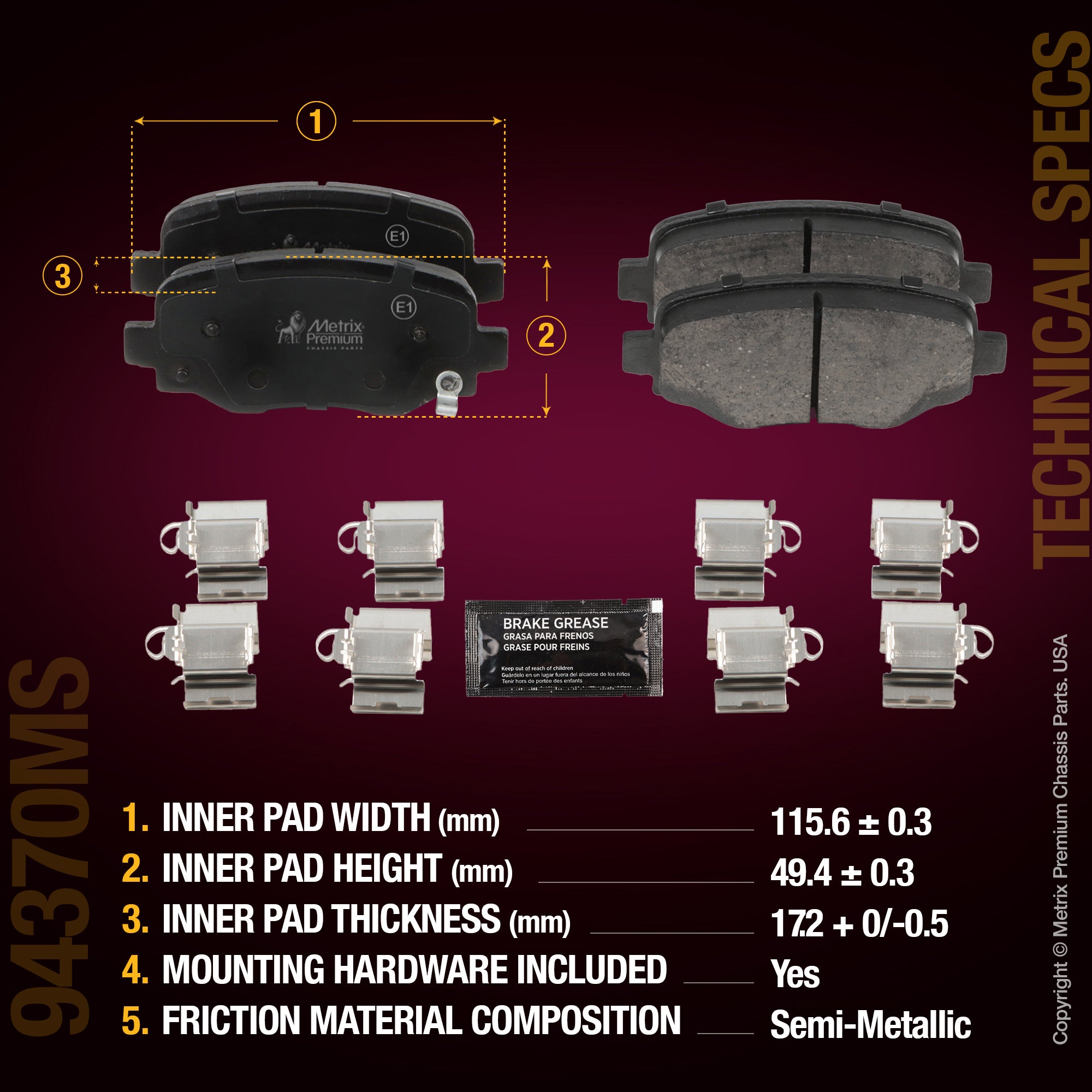 Metrix Premium Chassis Parts Rear Disc Brake Pad Set 94370MS aftermarket car parts