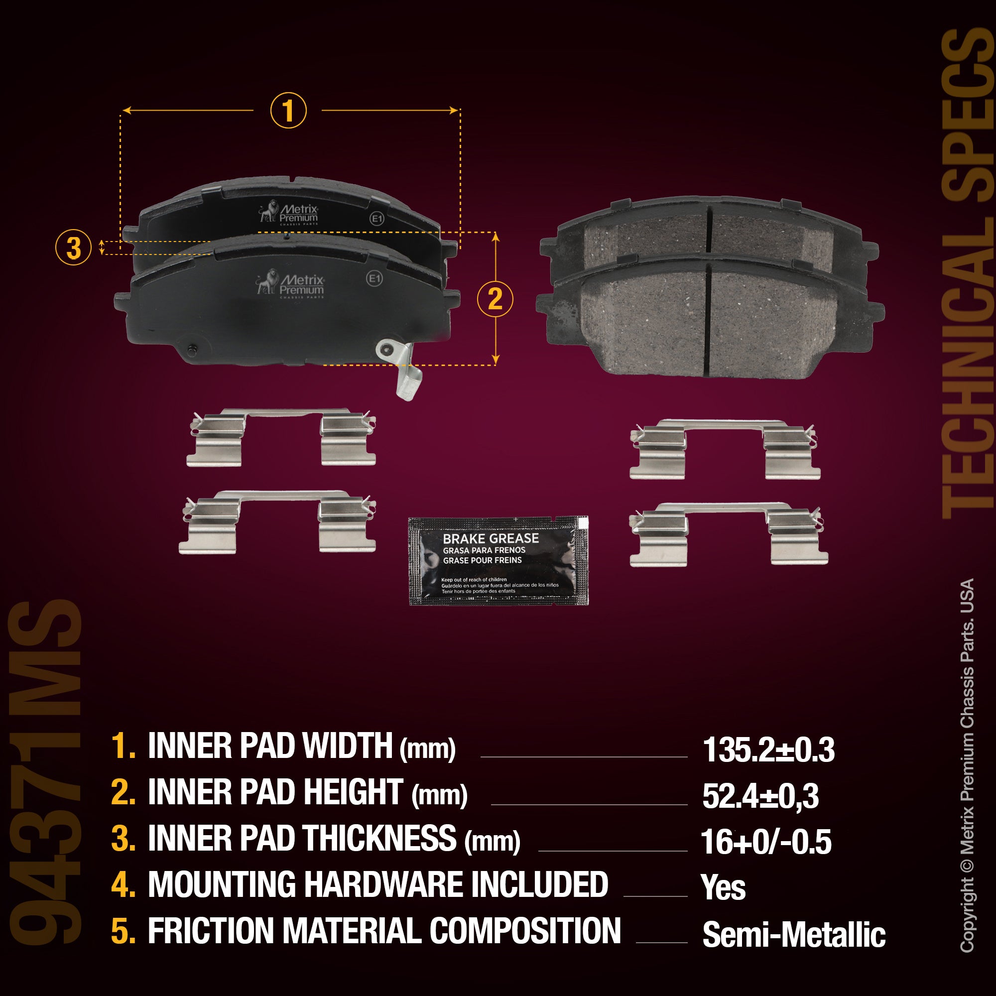 Metrix Premium Chassis Parts Front Disc Brake Pad Set 94371MS aftermarket car parts