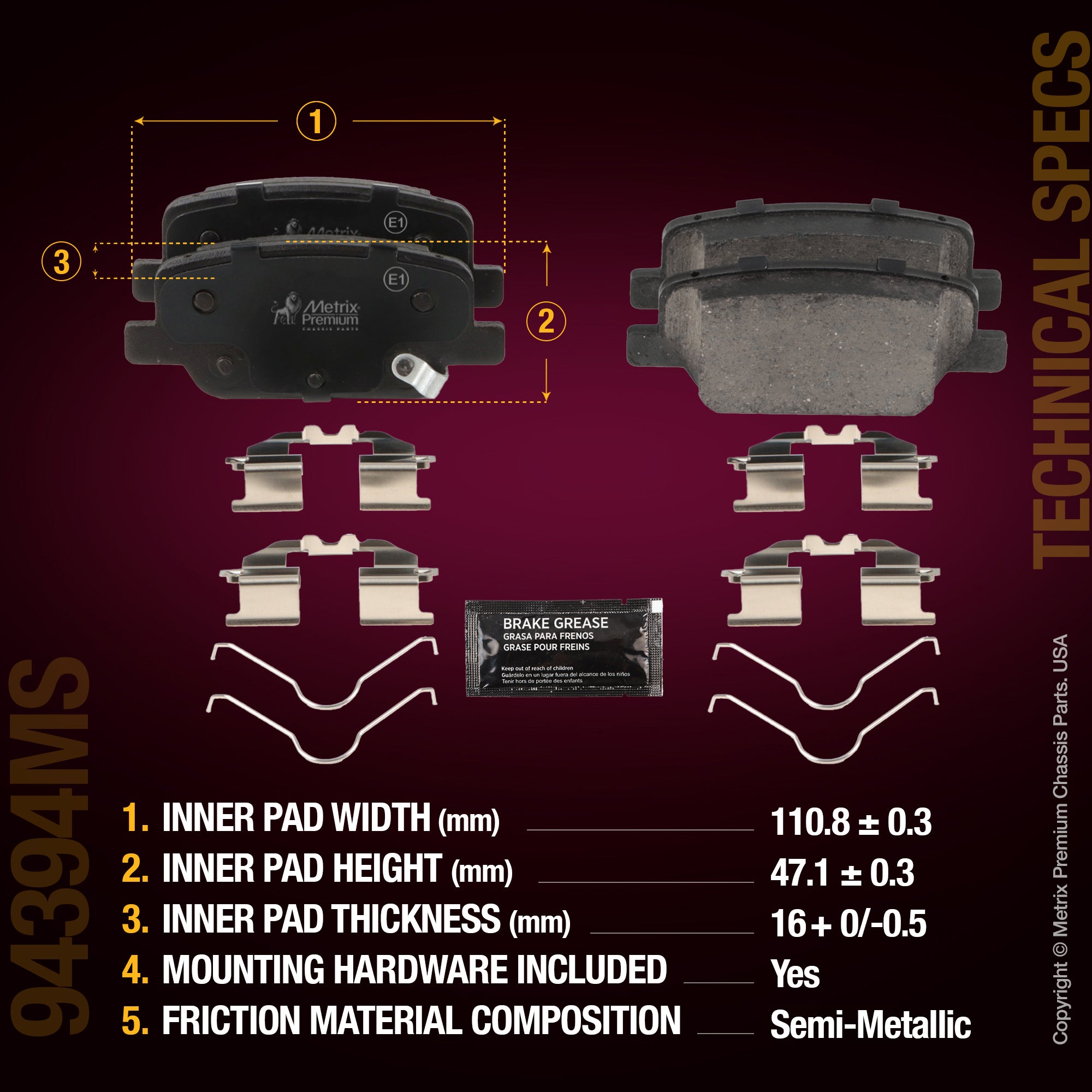 Metrix Premium Chassis Parts Rear Disc Brake Pad Set 94394MS aftermarket car parts
