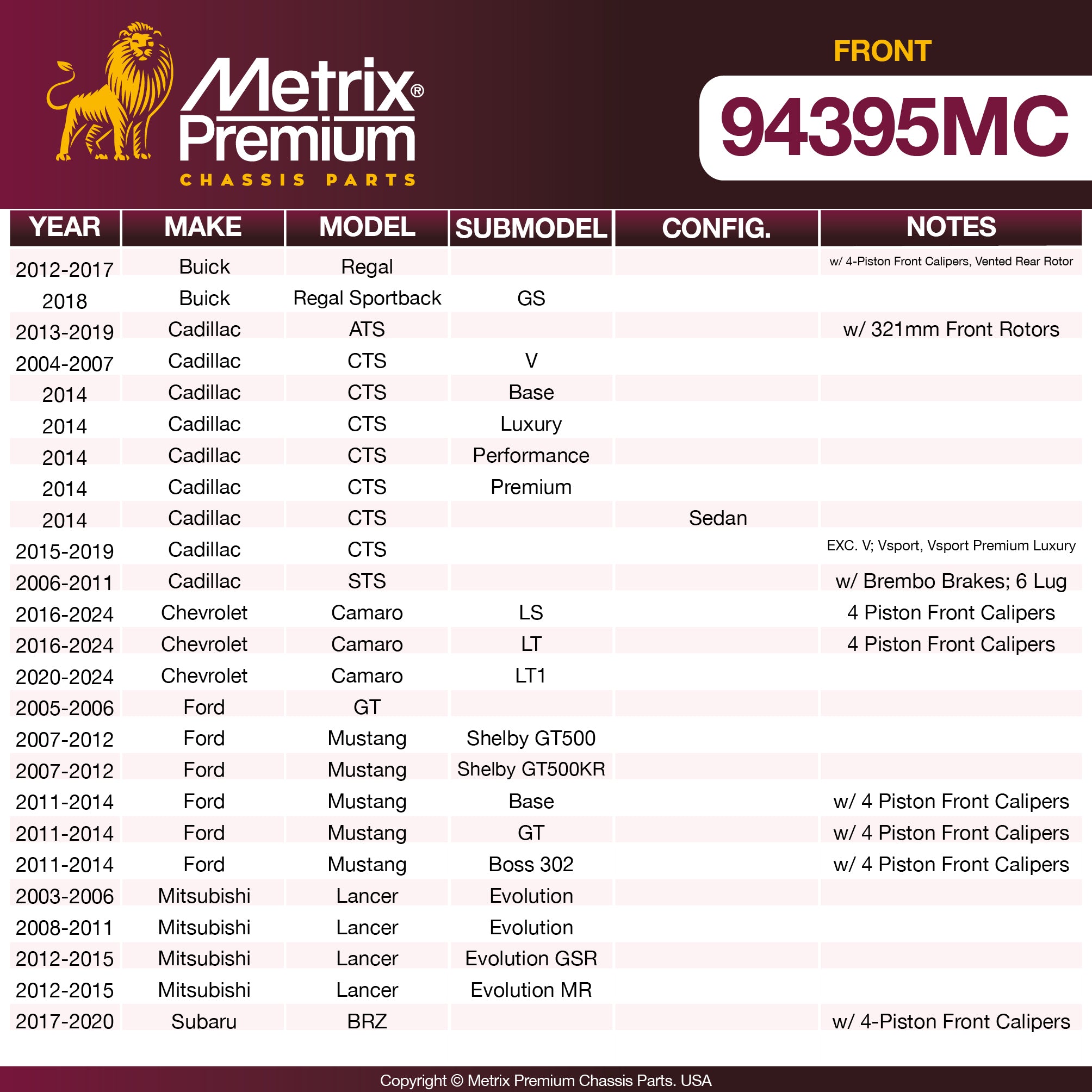 Metrix Premium Chassis Parts Front Disc Brake Pad Set 94395MC OEM fit auto parts