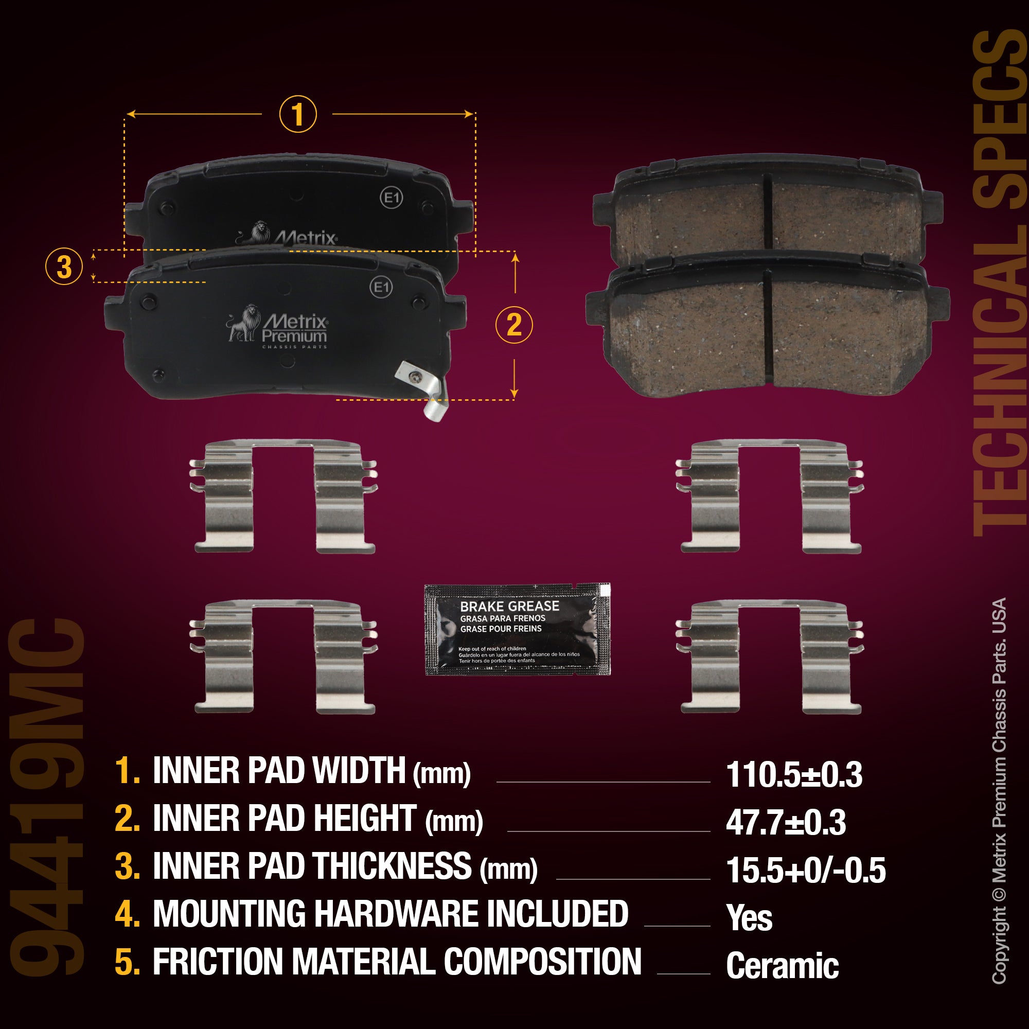 Metrix Premium Chassis Parts Rear Disc Brake Pad Set 94419MC aftermarket car parts