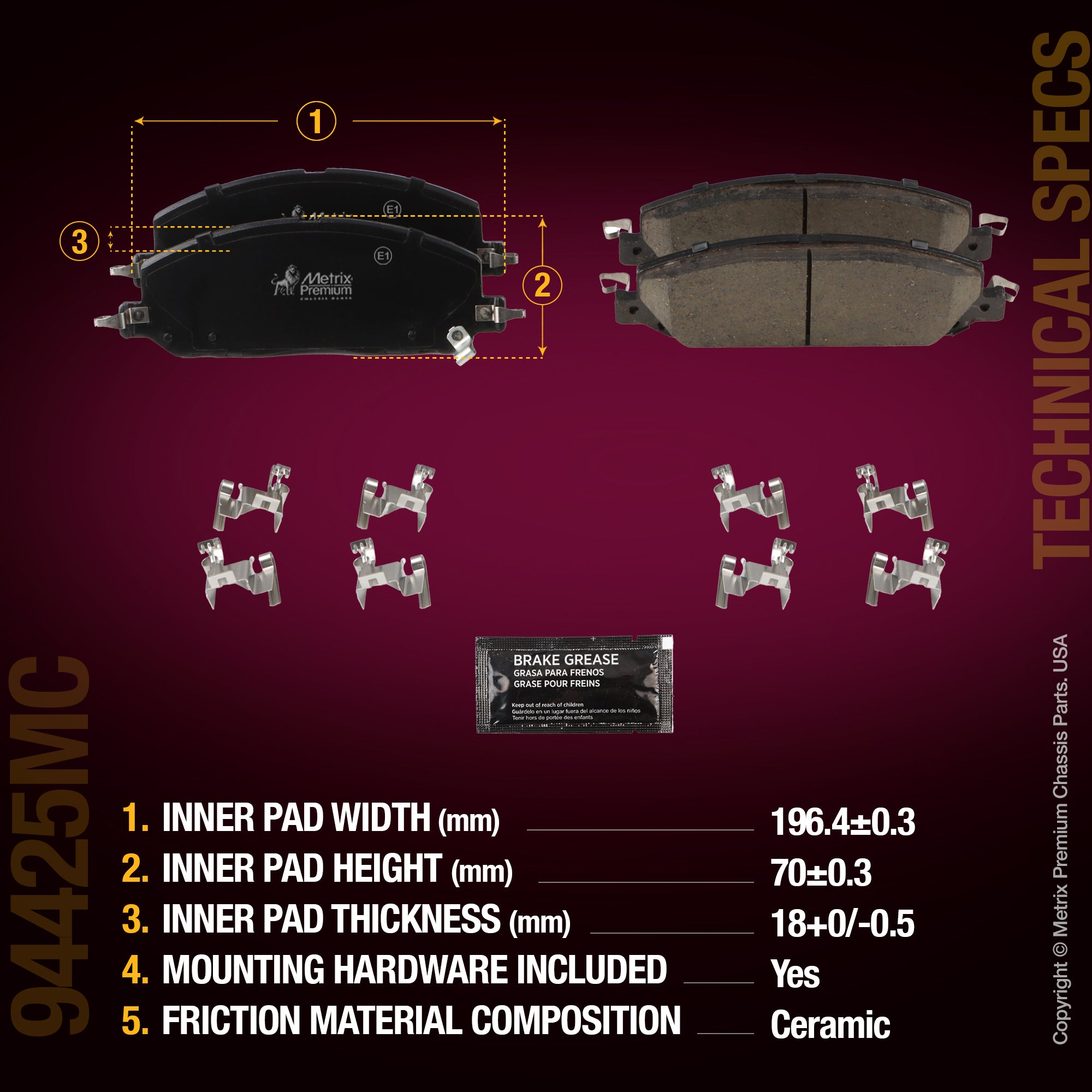 Metrix Premium Chassis Parts Front Disc Brake Pad Set 94425MC OEM fit auto parts