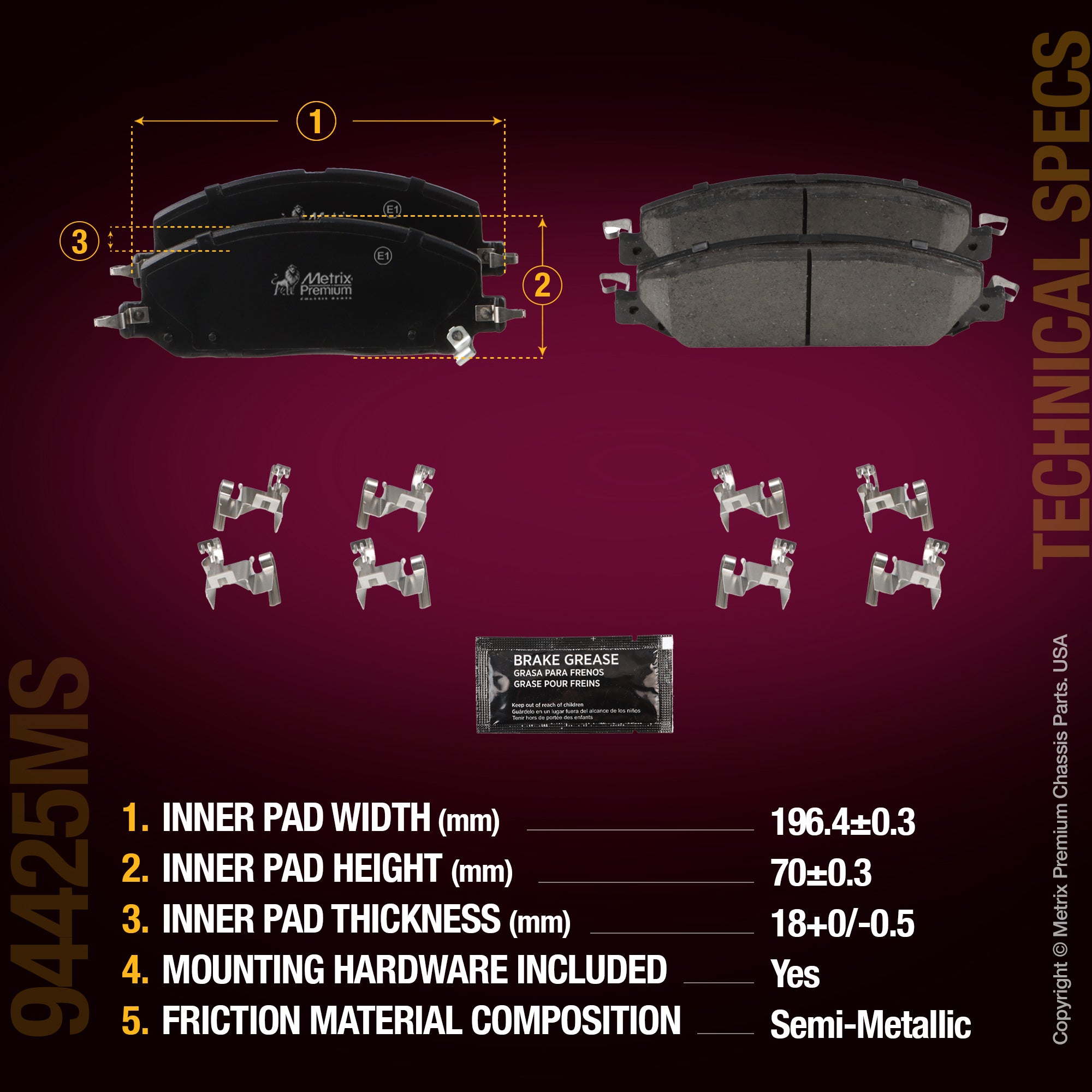 Metrix Premium Chassis Parts Front Disc Brake Pad Set 94425MS OEM fit auto parts
