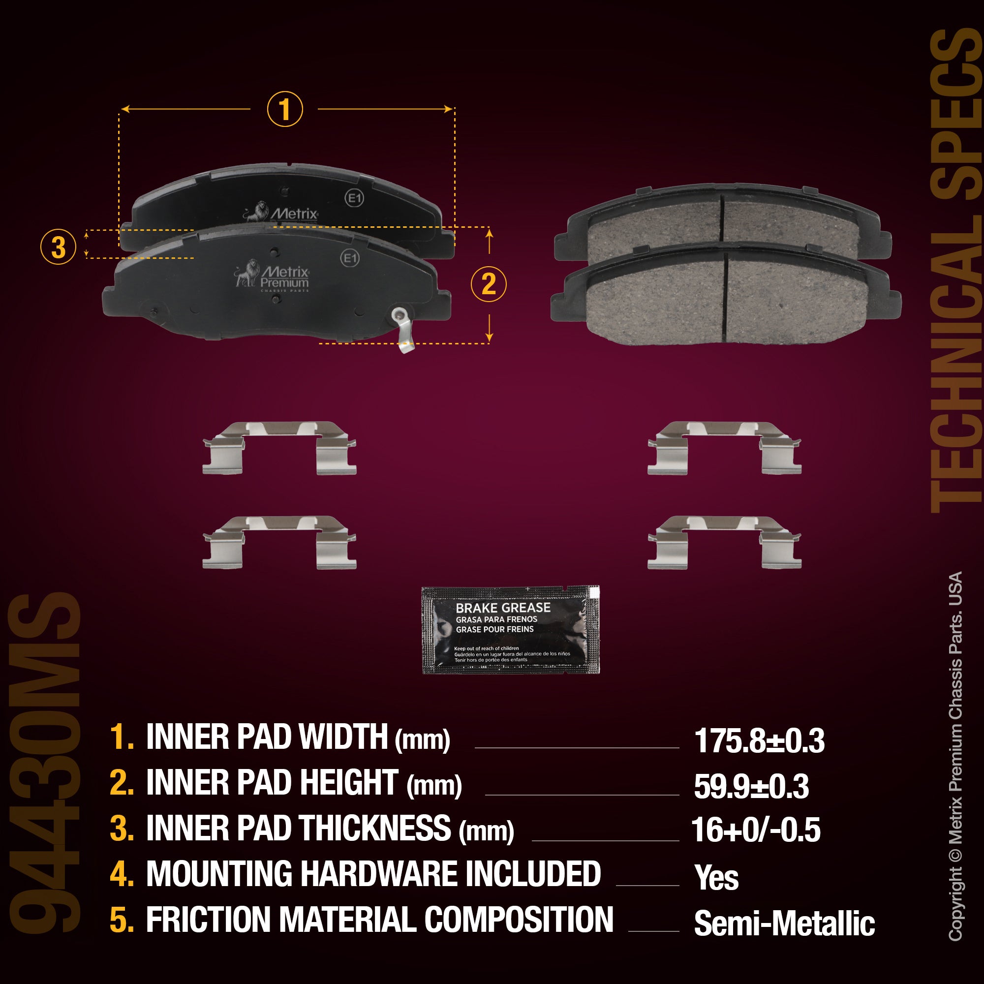 Metrix Premium Chassis Parts Front Disc Brake Pad Set 94430MS aftermarket car parts