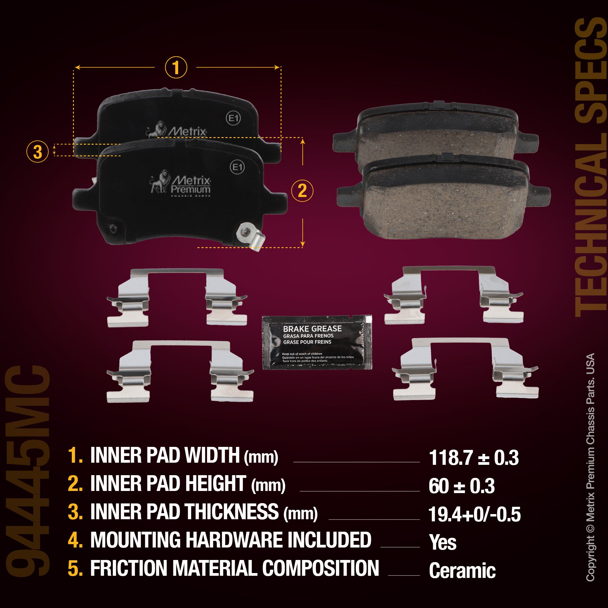 Metrix Premium Chassis Parts Front Disc Brake Pad Set 94445MC OEM fit auto parts