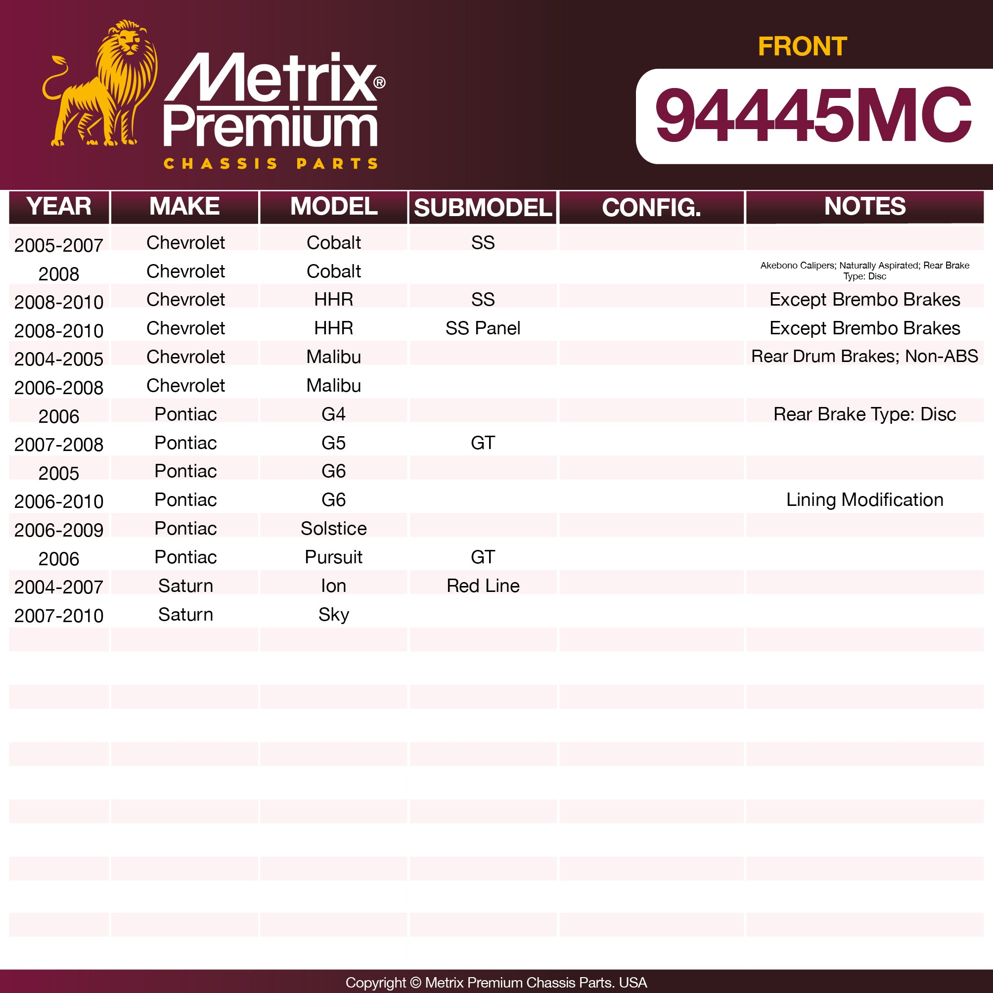 Metrix Premium Chassis Parts Front Disc Brake Pad Set 94445MC OEM fit auto parts