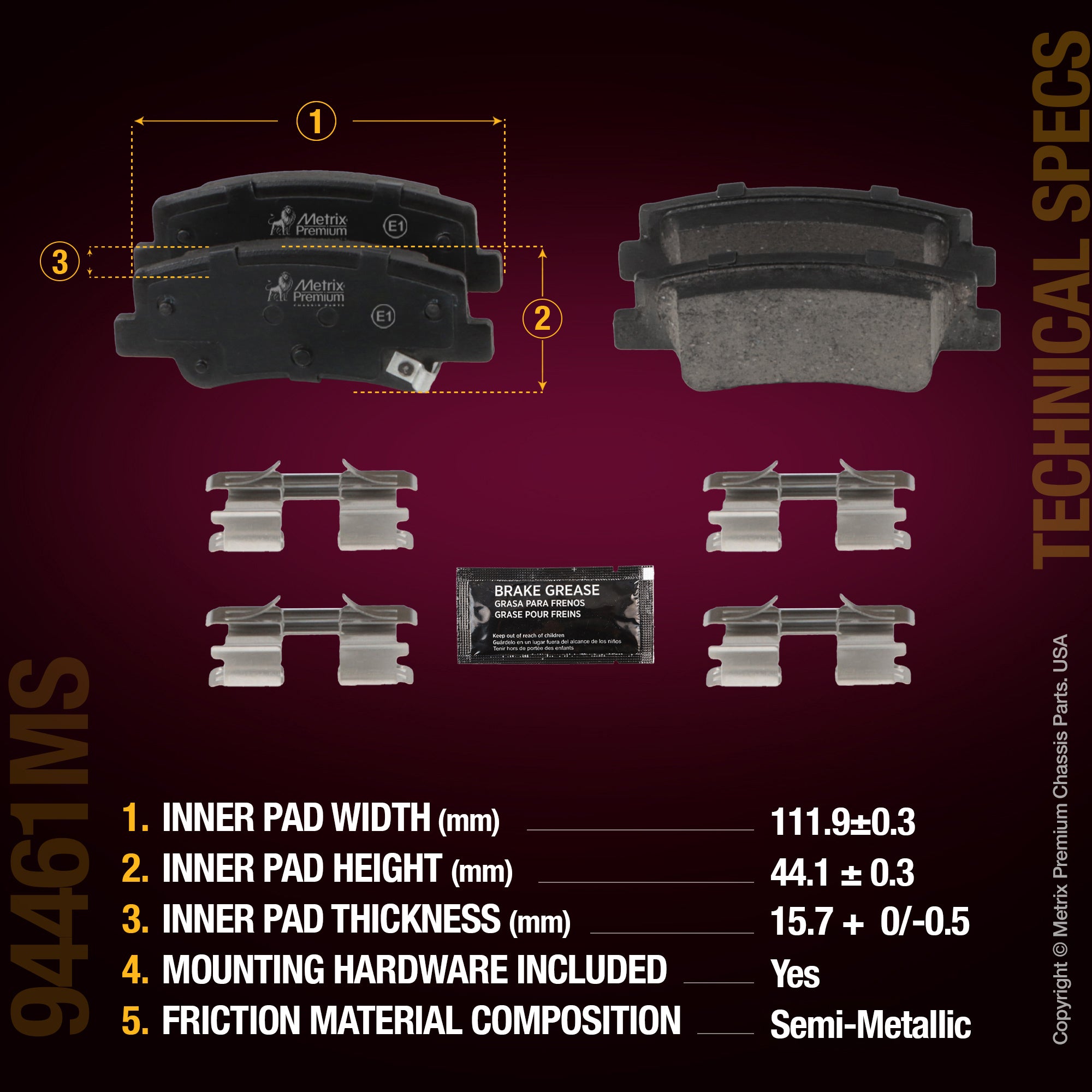 Metrix Premium Chassis Parts Rear Disc Brake Pad Set 94461MS aftermarket car parts