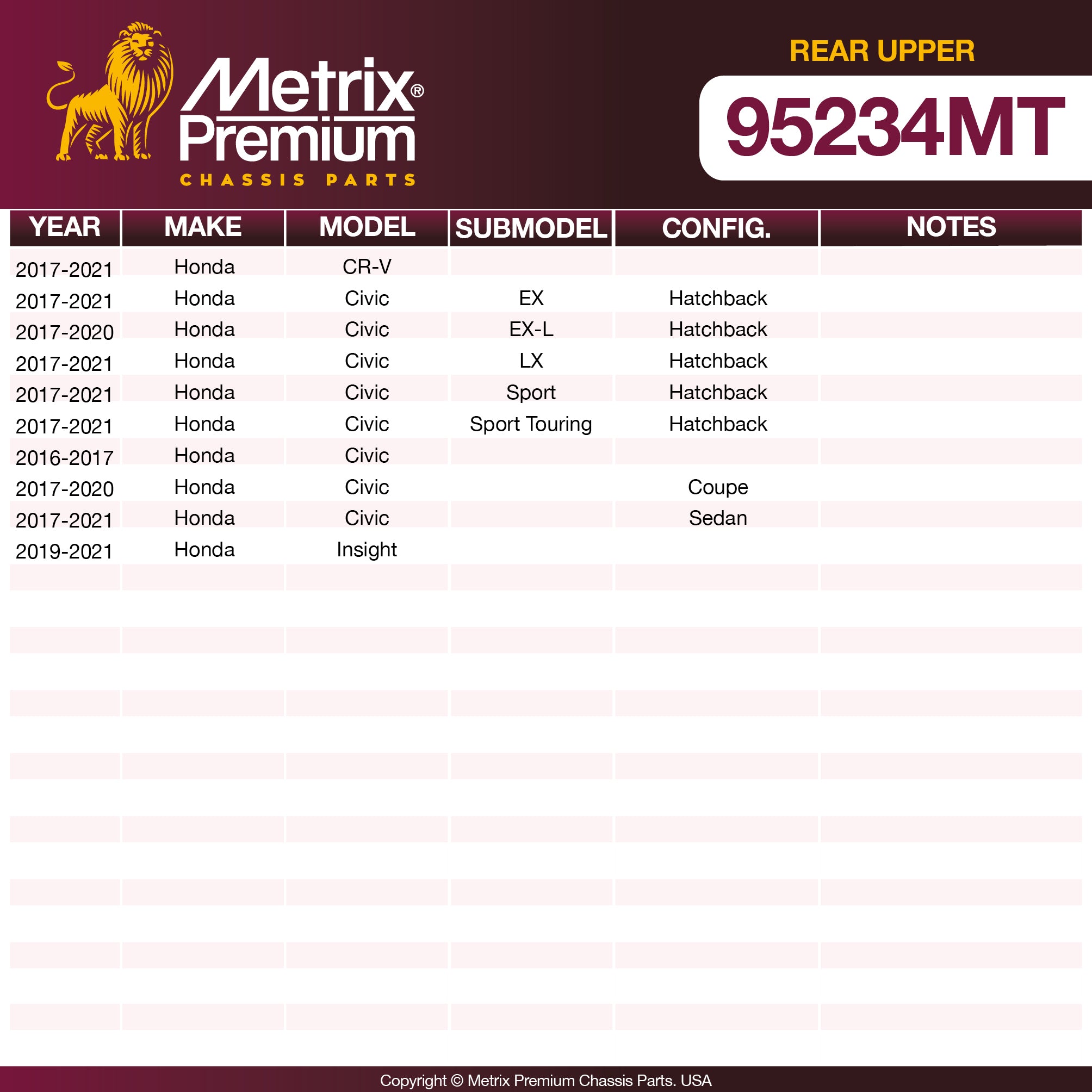 Metrix Premium Rear Upper Control Arm Kit 95234MT OEM fit spare parts