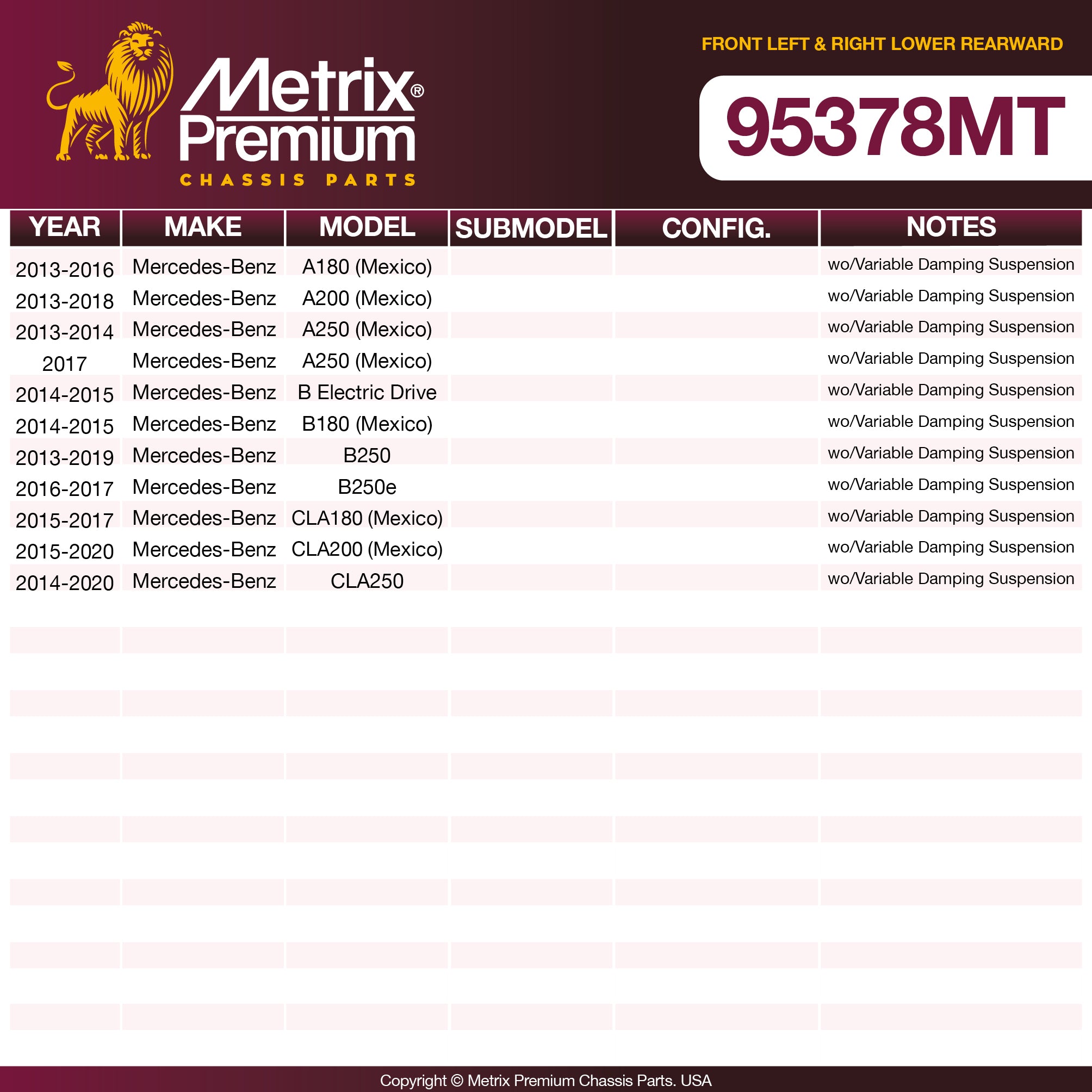 Metrix Premium Front Left & Right Lower Rearward Axle Support Bushing Kit 95378MT OEM fit spare parts
