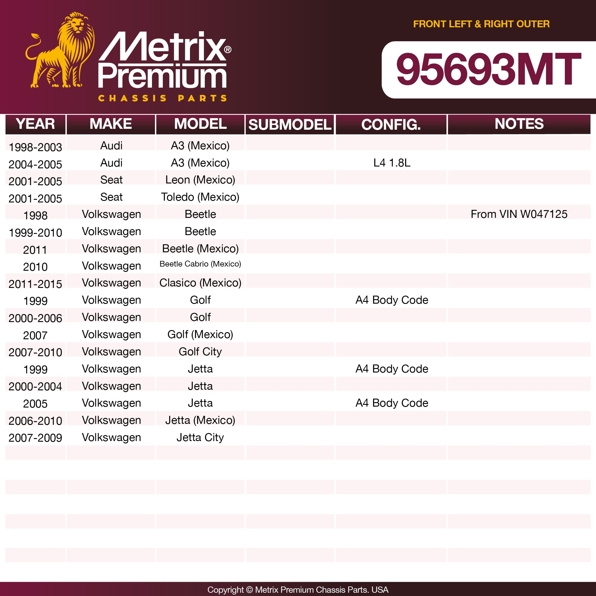 Metrix Premium Chassis Parts 2 PC Front Left & Right Outer Tie Rod End Kit 95693MT aftermarket car parts