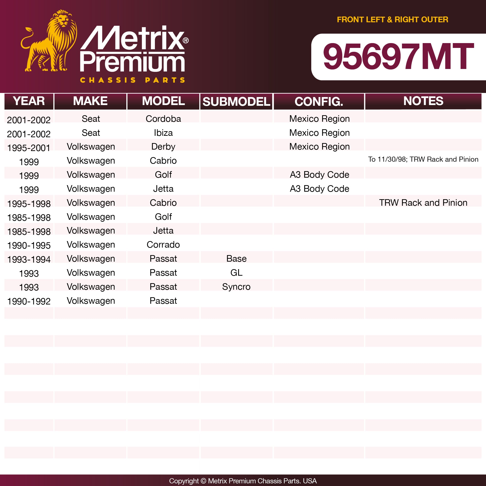 Metrix Premium Chassis Parts 2 PC Front Left & Right Outer Tie Rod End Kit 95697MT aftermarket car parts