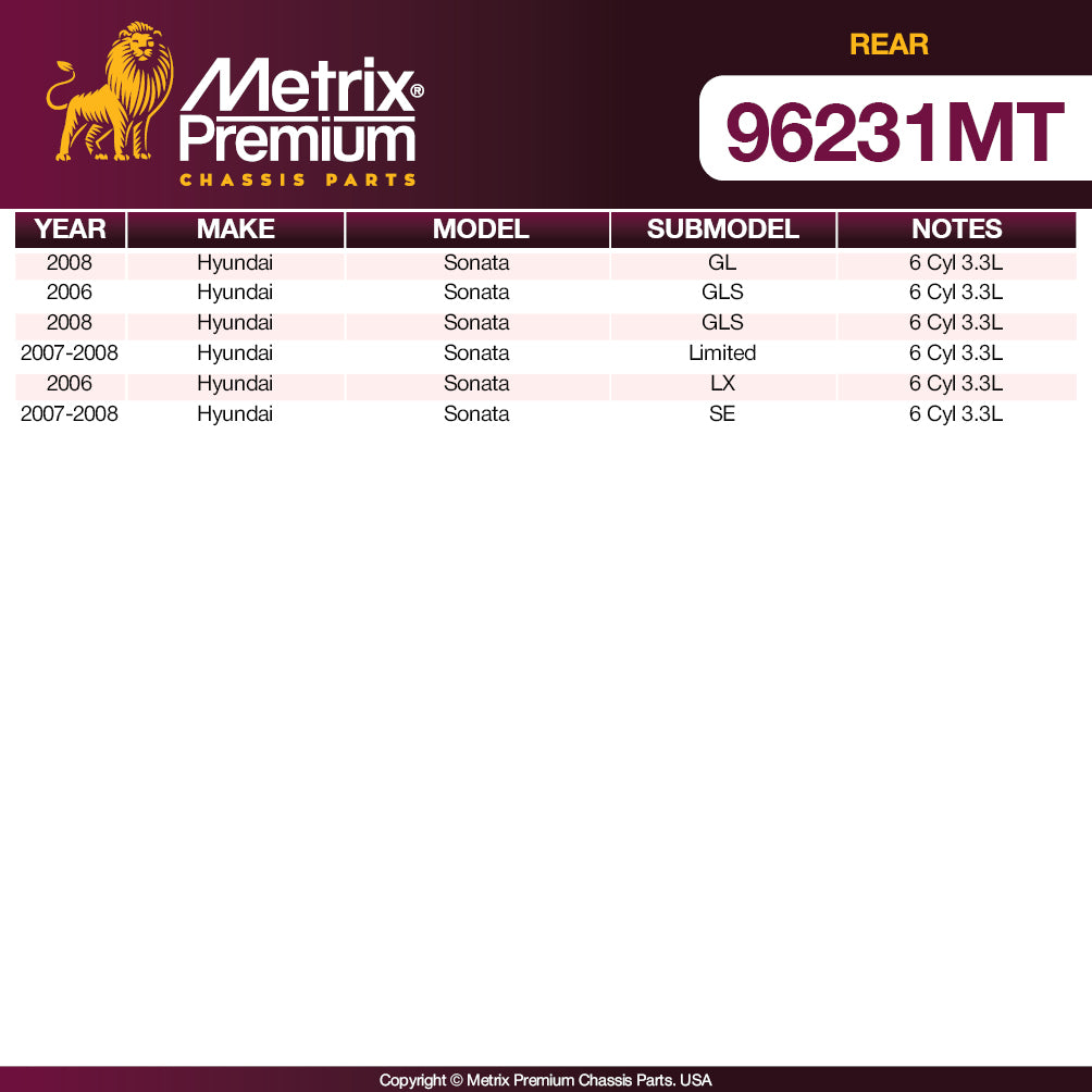 COMPATIBLE WITH: 2008 Hyundai Sonata GL 6 Cyl 3.3L, 2006 Hyundai Sonata GLS 6 Cyl 3.3L, 2008 Hyundai Sonata GLS 6 Cyl 3.